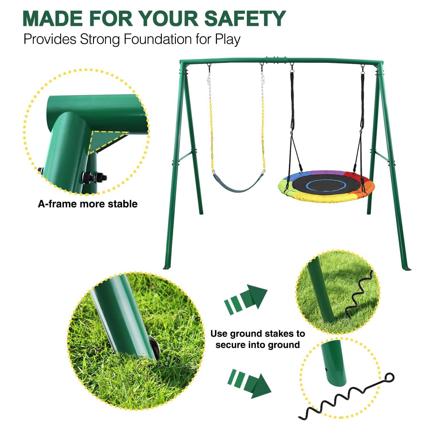Trekassy 440lbs Capacity 2-Seat Outdoor Swing Set with Saucer Swing & Belt Swing - Heavy Duty A-Frame Metal Stand for Backyard, Playground, and Kids Playset | Perfect for Family Fun, Outdoor Recreation, and Children's Playtime Activities