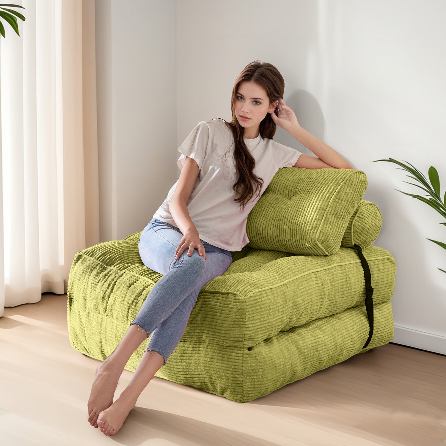 MAXYOYO Corduroy Folding Sofa Bed - Convertible Sleeper Chair with Pillow & Foldable Mattress, Back Support for Living Room, Guest Room & Small Spaces (Green) | Perfect for Apartments, Dorms & Home Offices