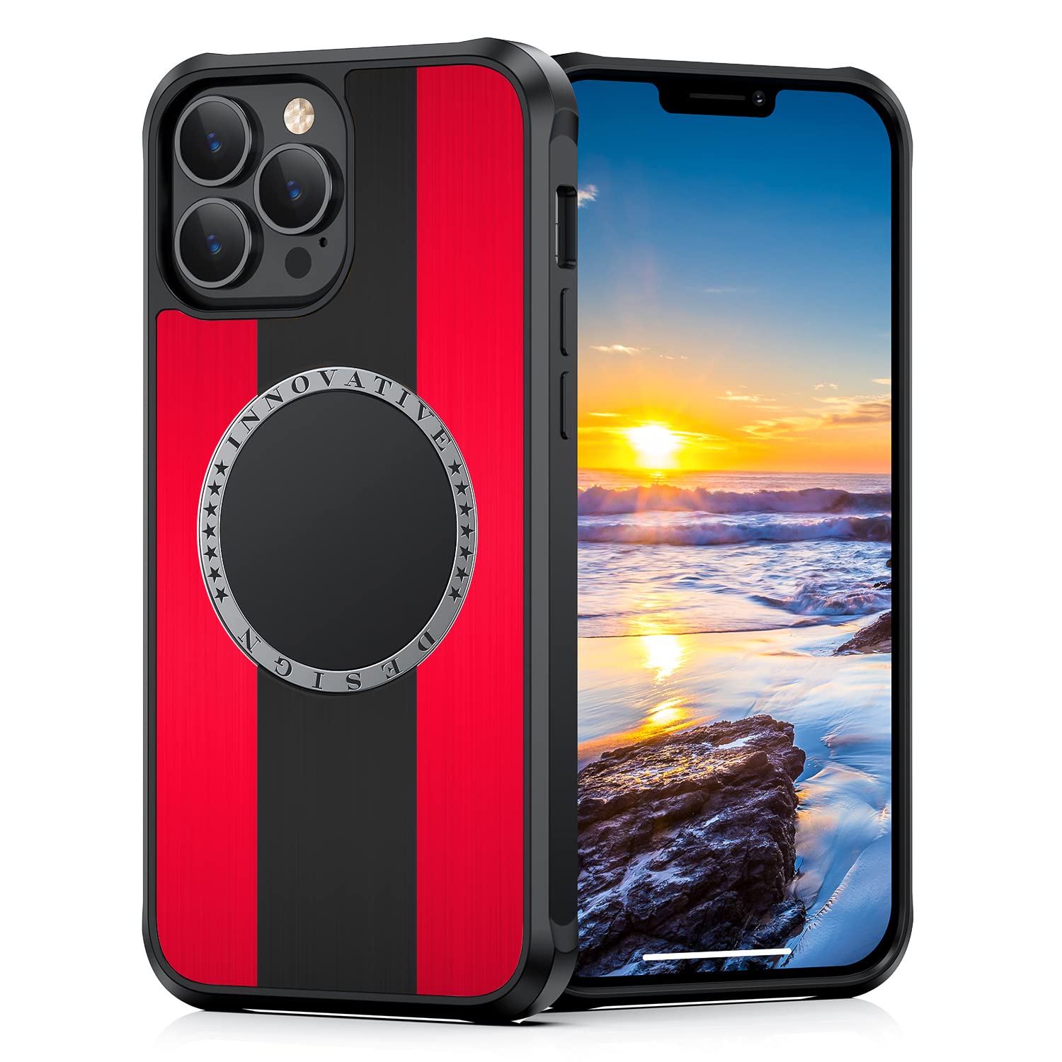 Omio Magnetic Case for iPhone 13 Pro Max - Military Grade Protection with Aluminum Alloy & Soft Silicone Edge | MagSafe Charging Compatible | Shockproof Phone Cover (Red) - Perfect for Outdoor Adventures & Daily Protection