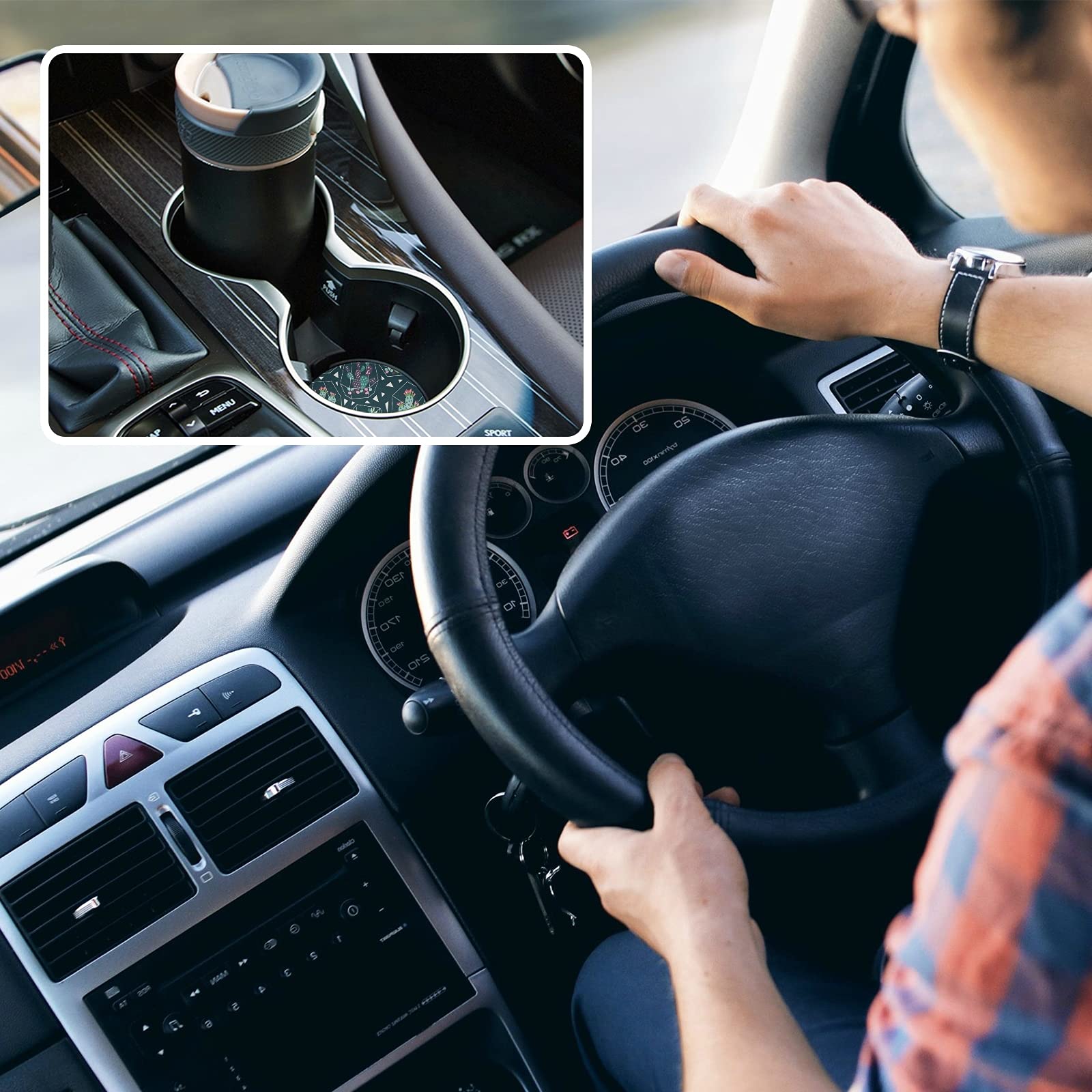 2 Pack Ceramic Succulent Car Coasters - Absorbent Drink Coasters for Cars with Fingertip Grip (2.5 Inch) - Perfect for Coffee, Soda & Water Cups in Vehicles