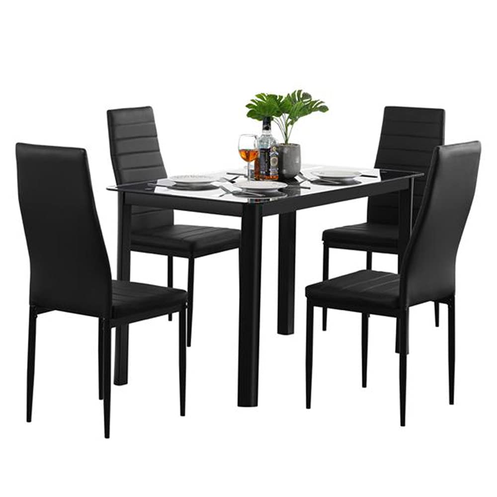 5-Piece Dining Table Set with Tempered Glass Top & 4 Chairs - Modern Black Kitchen Breakfast Table for Small Spaces - Perfect for Apartments, Dining Rooms & Breakfast Nooks - Easy Assembly Home Furniture