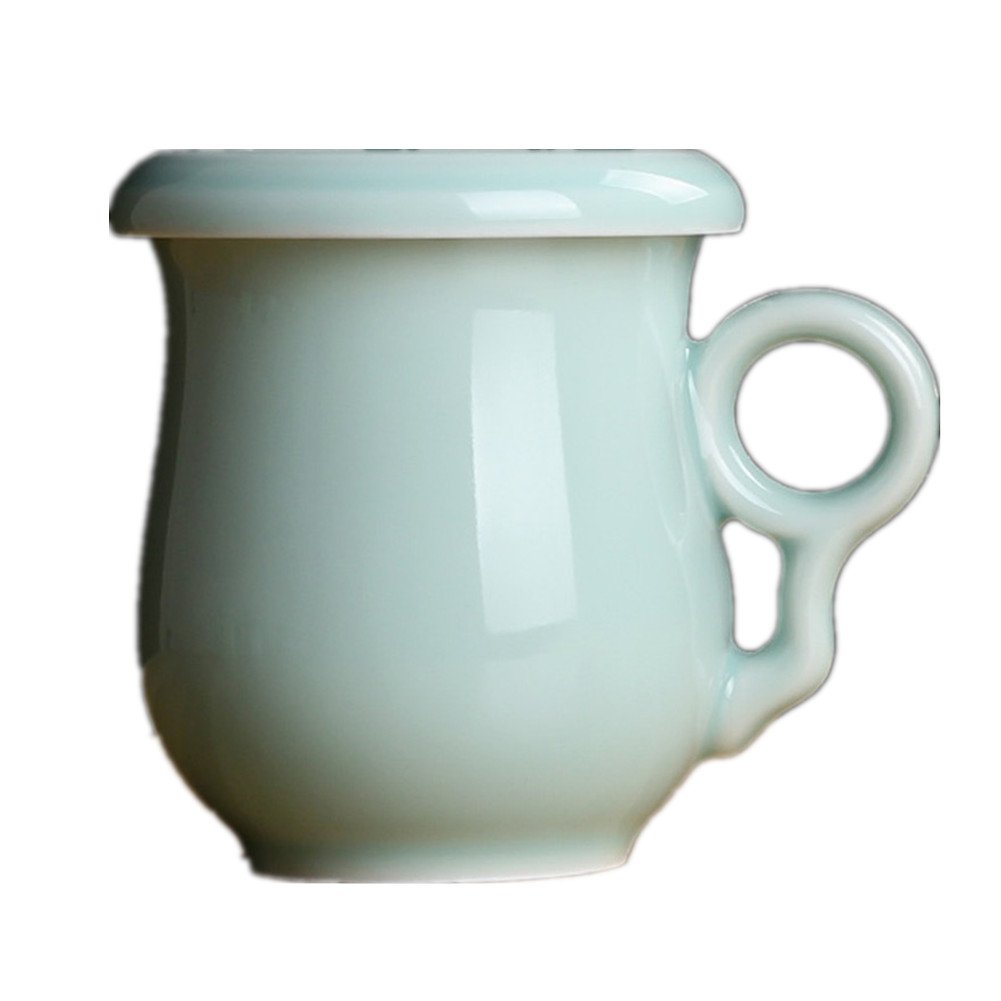 12oz Celadon Ceramic Coffee Mug with Lid & Filter Funnel - Porcelain Tea Cup for Home & Office Use - Sky Blue Drinking Cup for Hot Beverages, Perfect for Coffee, Tea, or Matcha Lattes