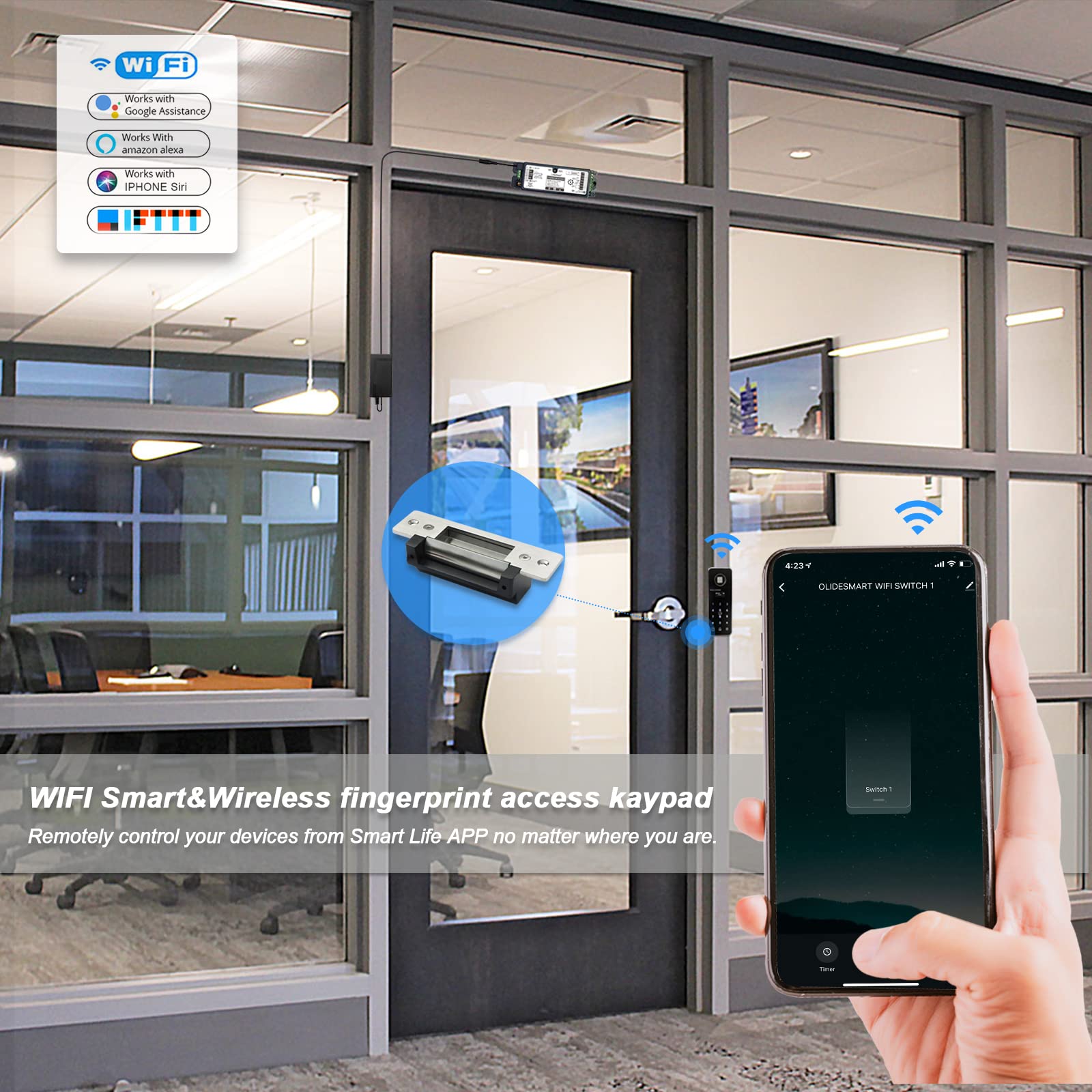 Olideauto Smart WiFi Fingerprint Door Lock Kit - Wireless Access Control System with Keypad, Electric Strike & Fob Key for Home & Office Security | Easy Installation & Remote Access