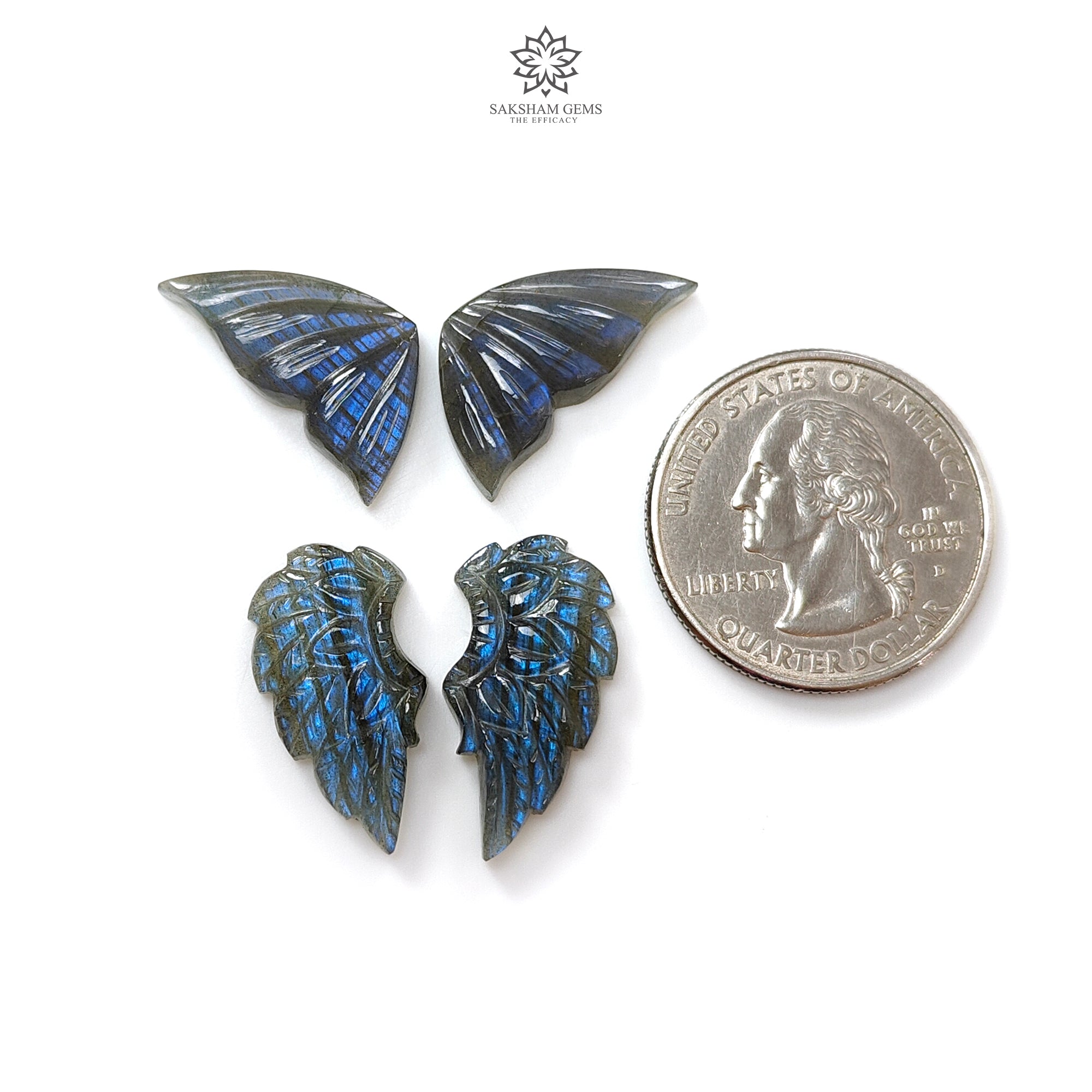 Natural Blue Labradorite Gemstone Carving - Untreated Hand Carved Butterfly & Angel Wings Set (4pcs) for Jewelry Making, Crystal Healing & Spiritual Gifts | Perfect for Pendants, Earrings & DIY Craft Projects