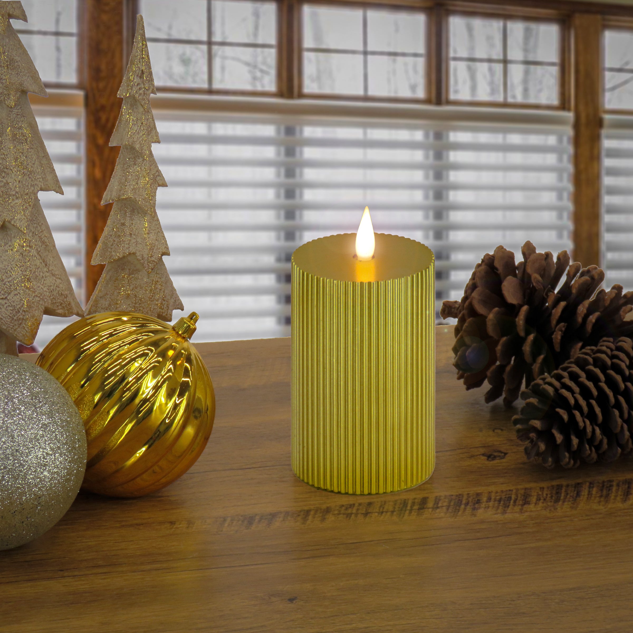 HGTV Home Collection Flameless Georgetown Pillar Candle - 3x9 Inches, Gold LED Decorative Candle for Home Decor, Wedding Centerpieces & Holiday Ambiance