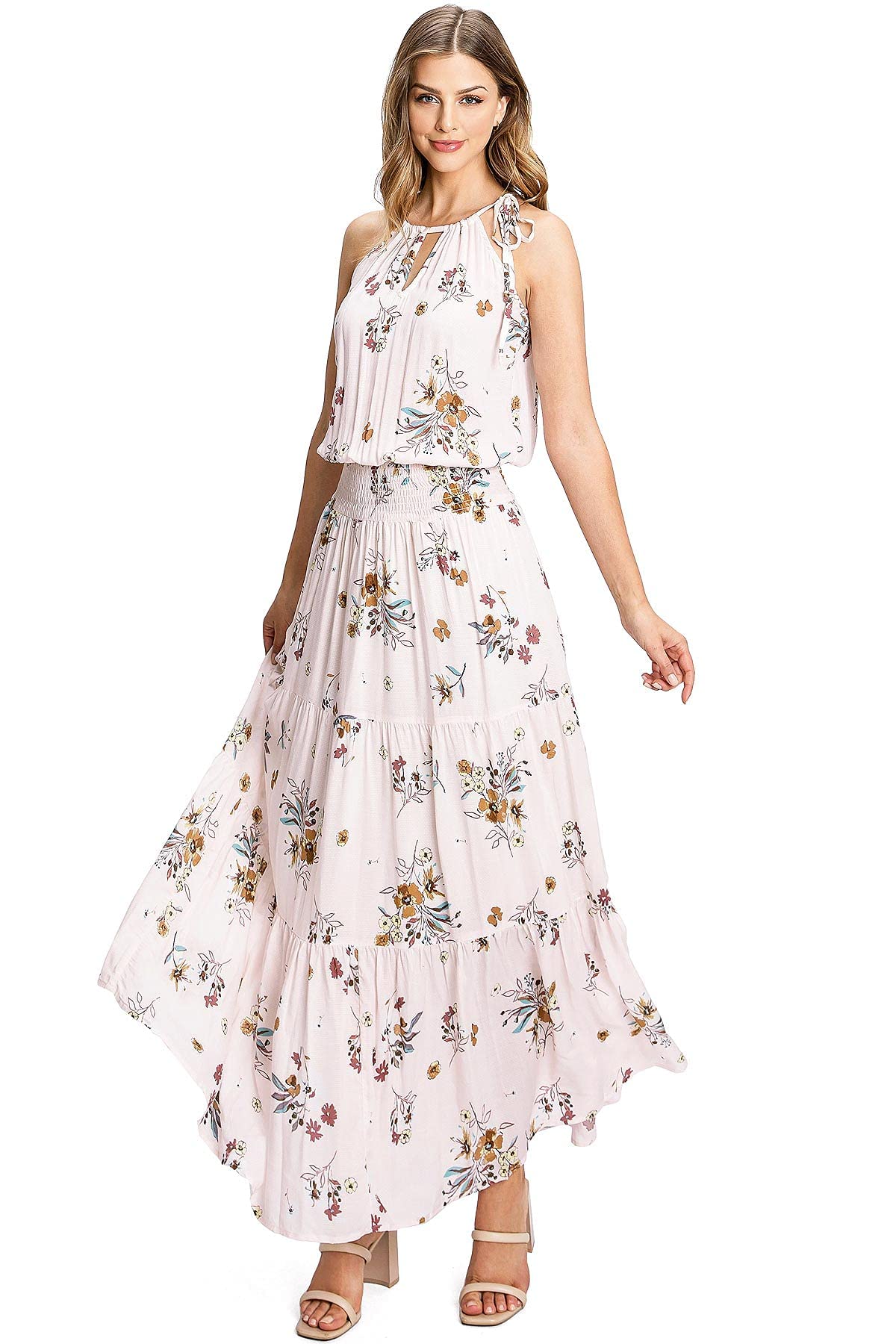 LoveStitch Women's High Neck Halter Smocked Waist Maxi Dress - Elegant Summer Beach Wedding Party Wear for Women