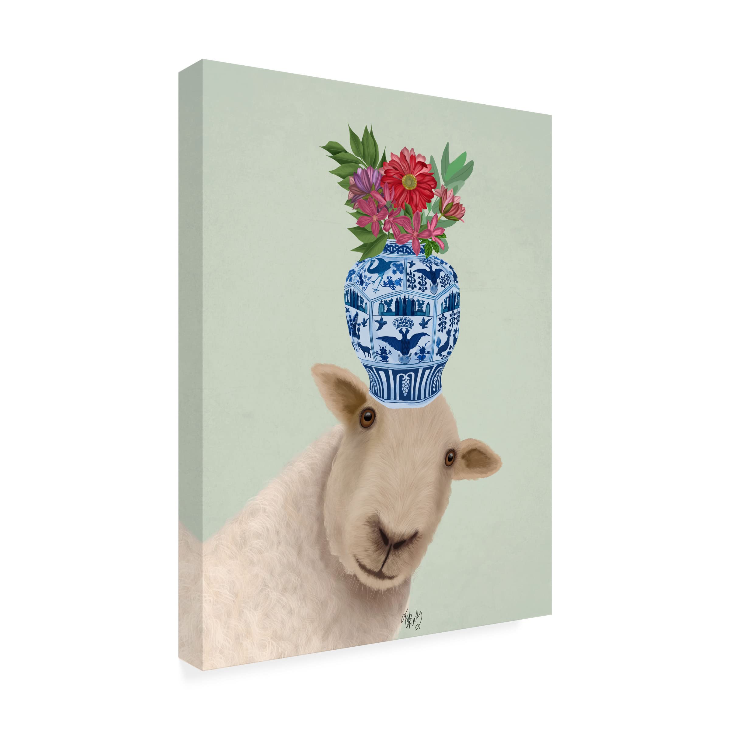 Trademark Fine Art 'Sheep with Vase of Flowers' Canvas Wall Decor by Fab Funky - Perfect for Living Room, Bedroom & Office Decor