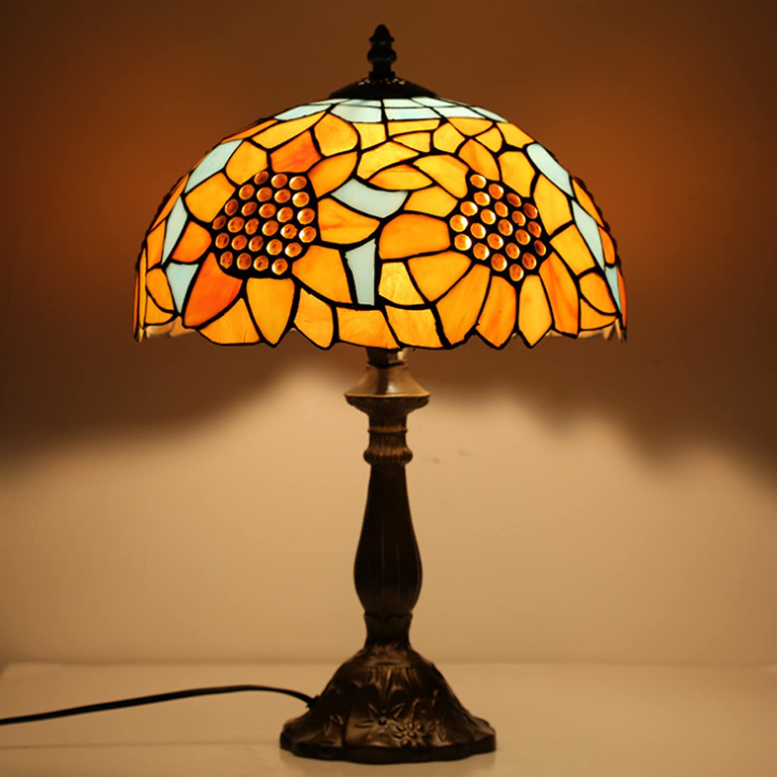 Tiffany Style Sunflower Stained Glass Table Lamp - Handmade Country Decor Desk Lamp for Bedroom, Kids Room & Nursery | Perfect Bedside Night Light & Reading Lamp