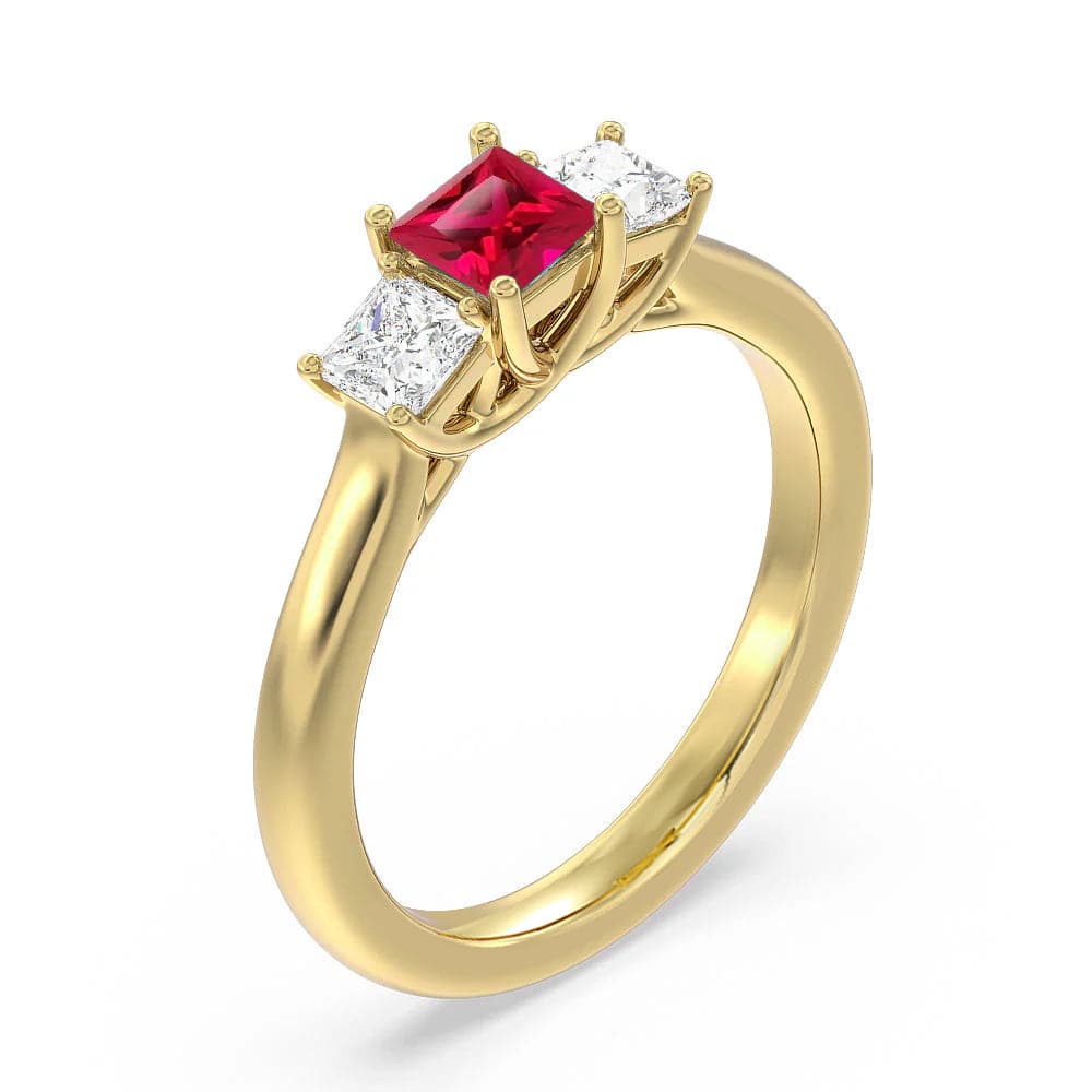 Exquisite Lab-Grown Ruby & Princess Cut Diamond Three-Stone Ring for Women | Elegant Engagement, Wedding, Anniversary Jewelry Gift