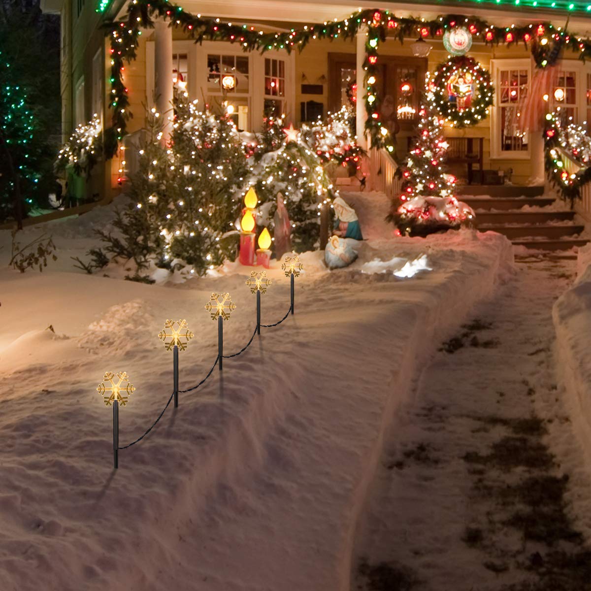 5 Pack Christmas Snowflake Garden Lights - Battery Operated Outdoor Waterproof Snowflake Stake Lights for Patio, Walkway, Yard, Lawn | Holiday Decorative Lighting for Winter, Xmas Party & Home Decor