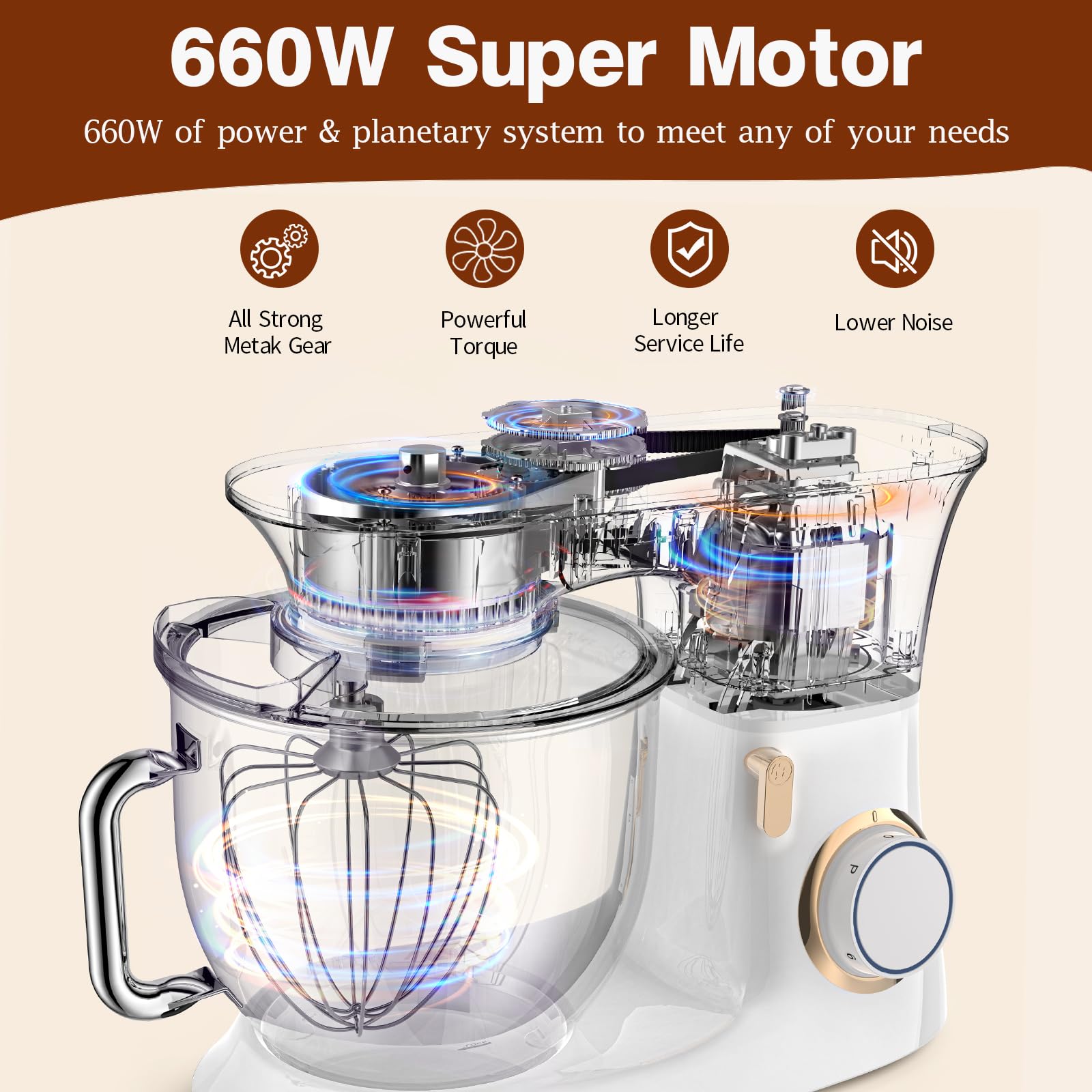 **660W 8.5Qt Stand Mixer - 6+ Speeds Electric Kitchen Mixer with Dough Hook, Flat Beater, Whisk & Splash Guard - Perfect for Baking Bread, Cake, Cookie, Salad & Egg (White) - Ideal for Home Bakers & Professional Chefs**