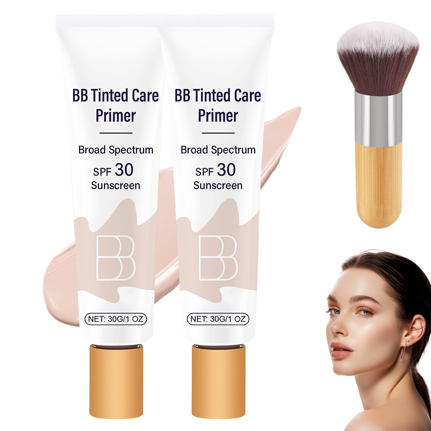 BB Cream Tinted Moisturizer with SPF 30 & Brush - Broad Spectrum Sun Protection, Hydrating Primer & Lightweight Foundation (Ivory, 2PCS) - Perfect for Daily Sun Protection & Natural Makeup Look
