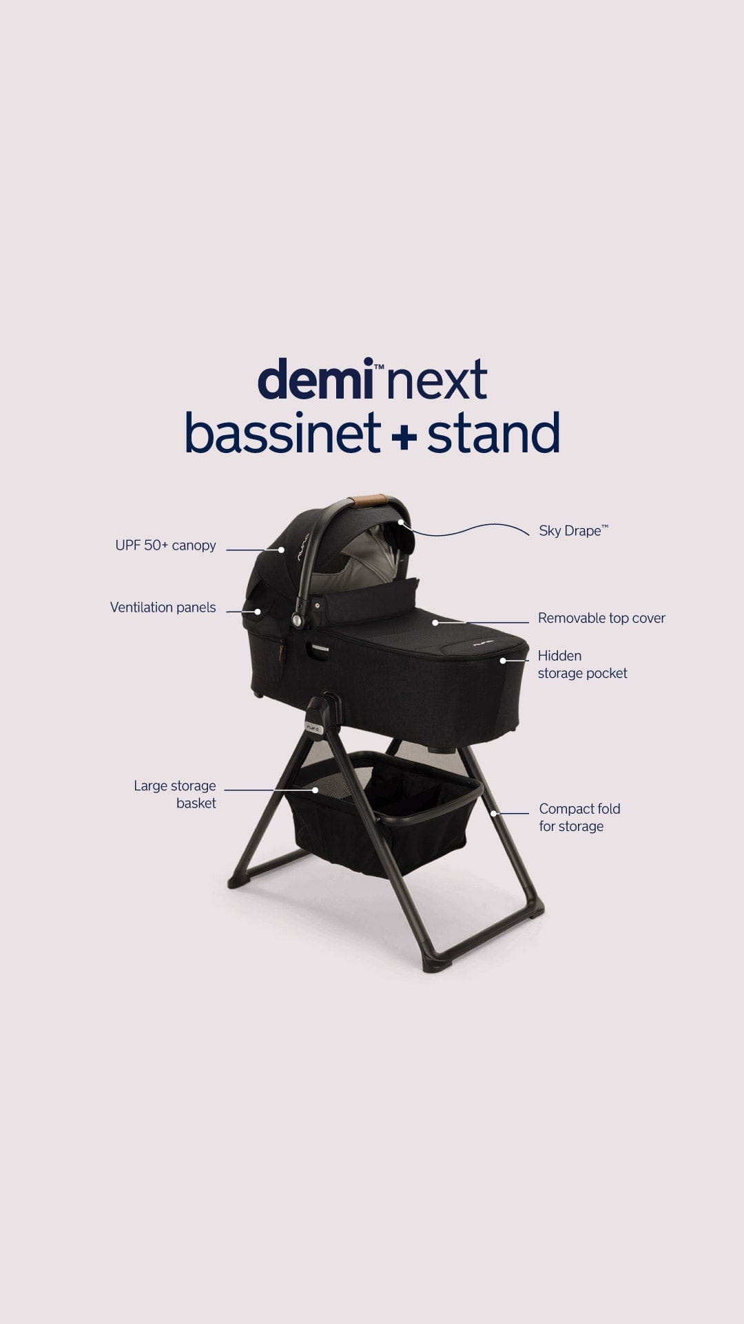 Nuna DEMI Next Bassinet with Stand - Granite Gray | Premium Baby Bassinet for Newborns | Perfect for Nursery, Bedroom & Travel