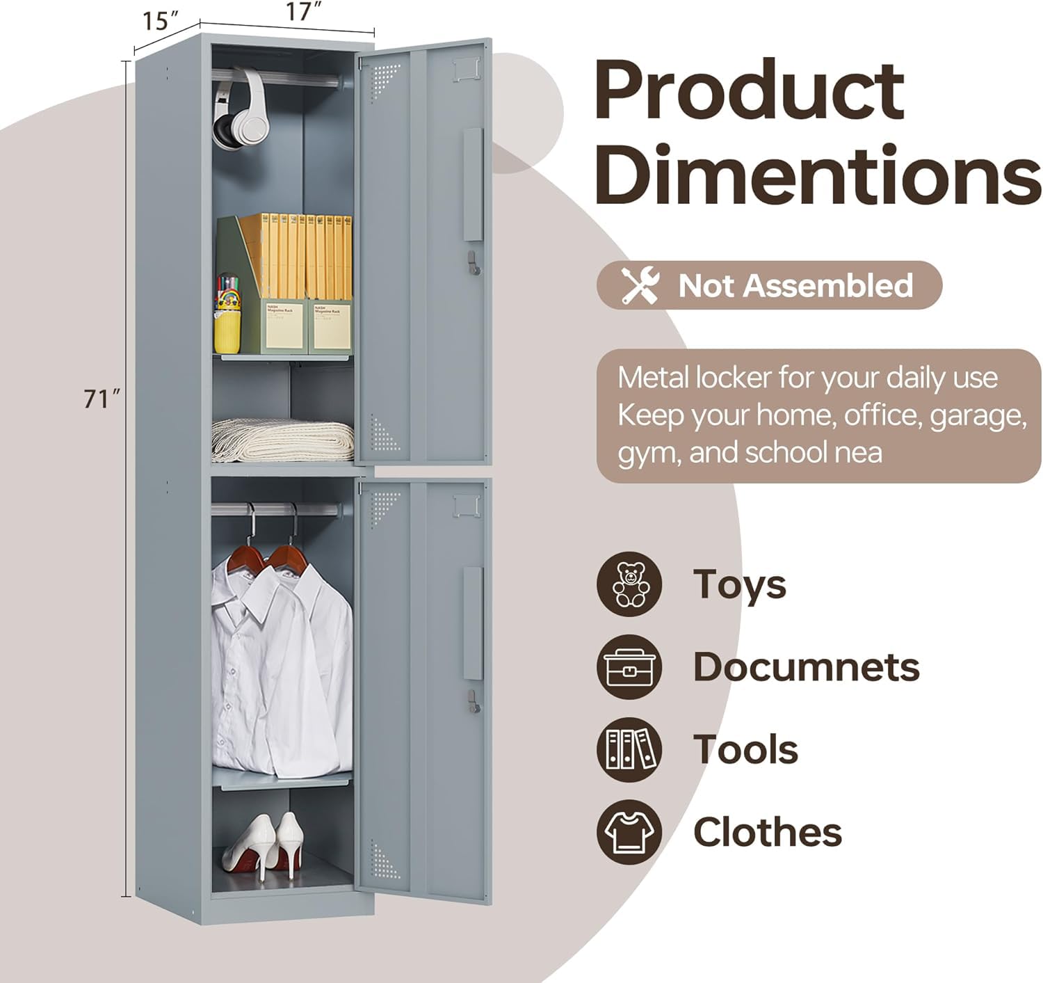 Heavy Duty Metal Storage Locker - 2-Door Steel Locker Cabinet (71