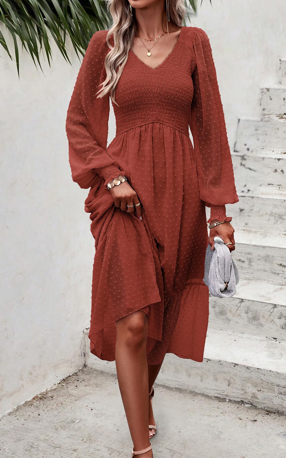 PRETTYGARDEN Women's Floral Swiss Dot Chiffon Dress 2025 - Long Sleeve V-Neck Empire Waist Ruffled Midi Dress for Spring Wedding, Party & Office Wear