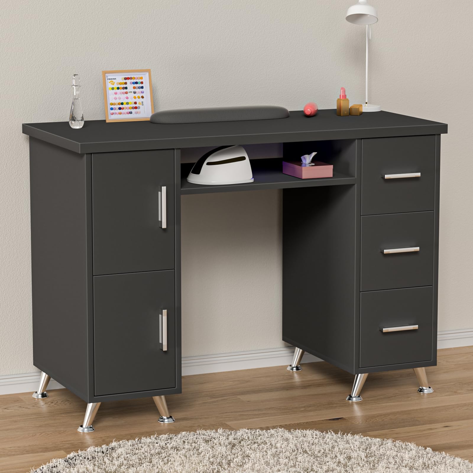 Professional Nail Tech Desk with Storage Cabinets & Drawers - Heavy Duty Metal Legs, Wrist Pad - Perfect for Salon, Spa & Home Manicure Station (Black) - Ideal for Nail Artists, Beauty Professionals & DIY Enthusiasts