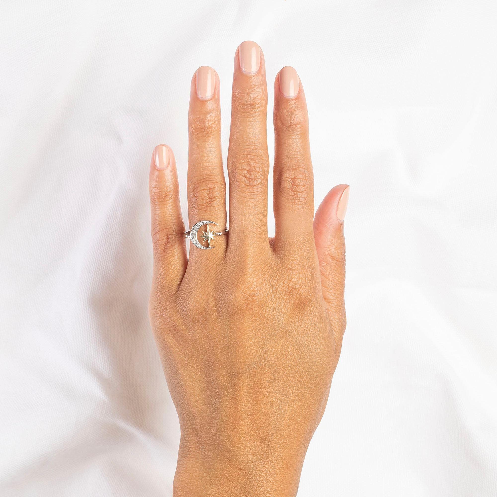Reeds Radiant Universe Celestial Diamond Moon Star Two-Tone Ring 1/20ctw - Size 7 | Sterling Silver Zodiac Jewelry for Women | Perfect for Birthday Gifts, Anniversary & Celestial-Themed Occasions