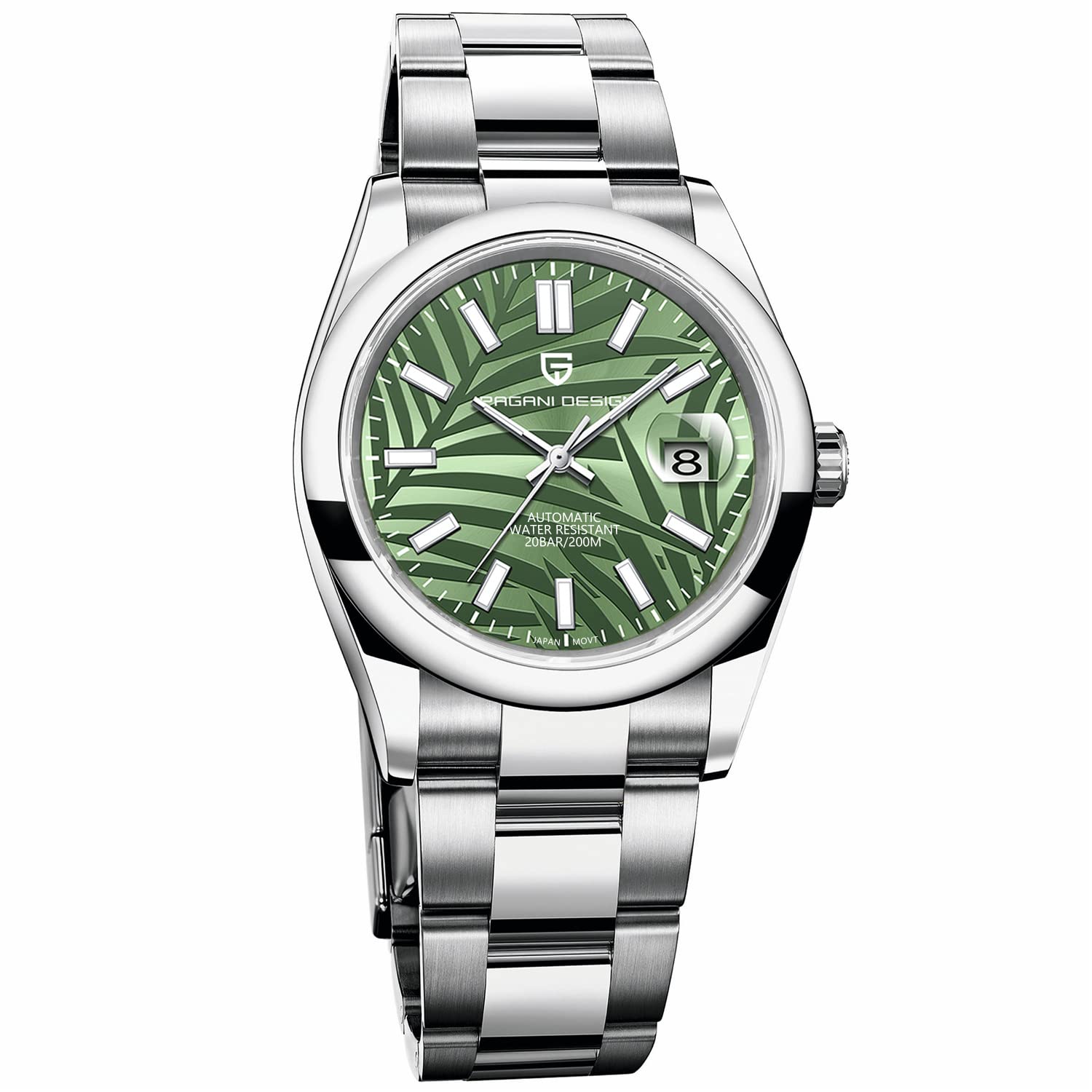 Pagani Design Men's Automatic Watch - Green Palm Leaf Dial, Mechanical Movement, Full Stainless Steel, 200M Waterproof Sports Watch for Diving, Swimming & Outdoor Activities