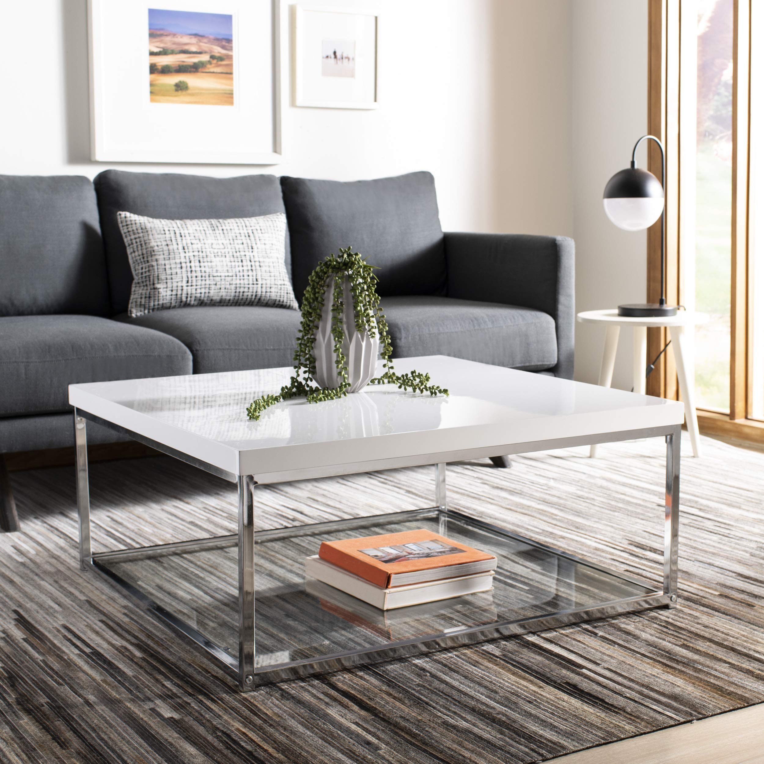 Safavieh Malone Glam White & Chrome Coffee Table - Modern Glass Top Living Room Center Table for Small Spaces & Apartments