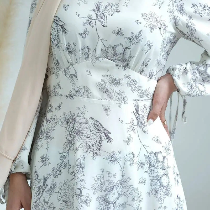 Elegant Printed Chiffon Muslim Women's Abaya Dress with Lining - Perfect for Prayer, Eid, and Special Occasions
