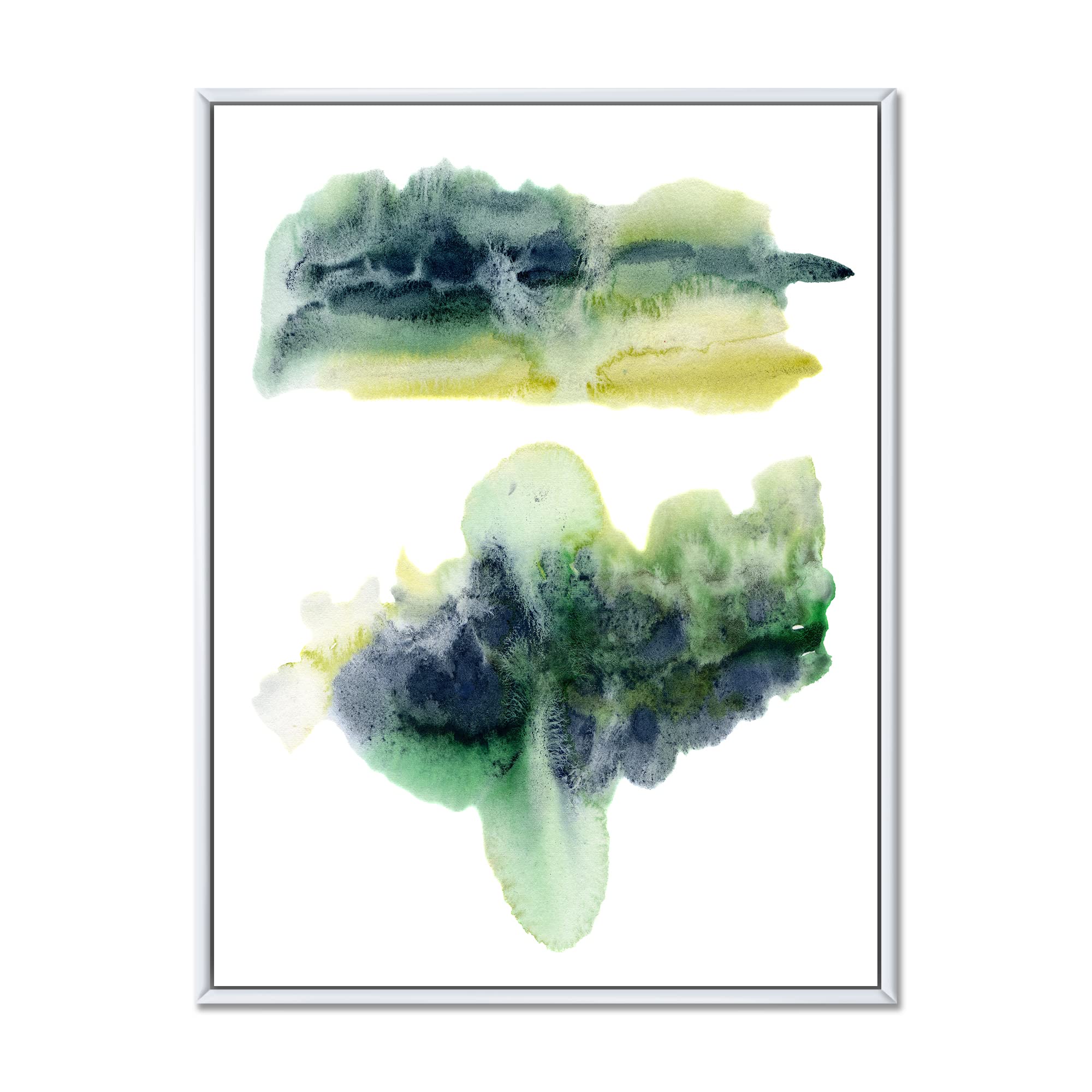 DesignQ Golden Green Abstract Clouds With Blue Points IV - Modern Framed Canvas Wall Art Print for Living Room, Bedroom & Office Decor