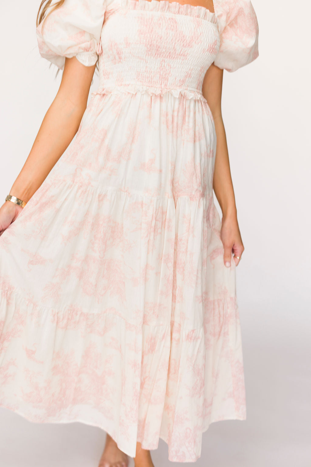 Elena 100% Cotton Toile Print Smocked Midi Dress - Bump Friendly Maternity Dress in Pink | Perfect for Baby Showers, Summer Weddings & Casual Outings *PRE ORDER*