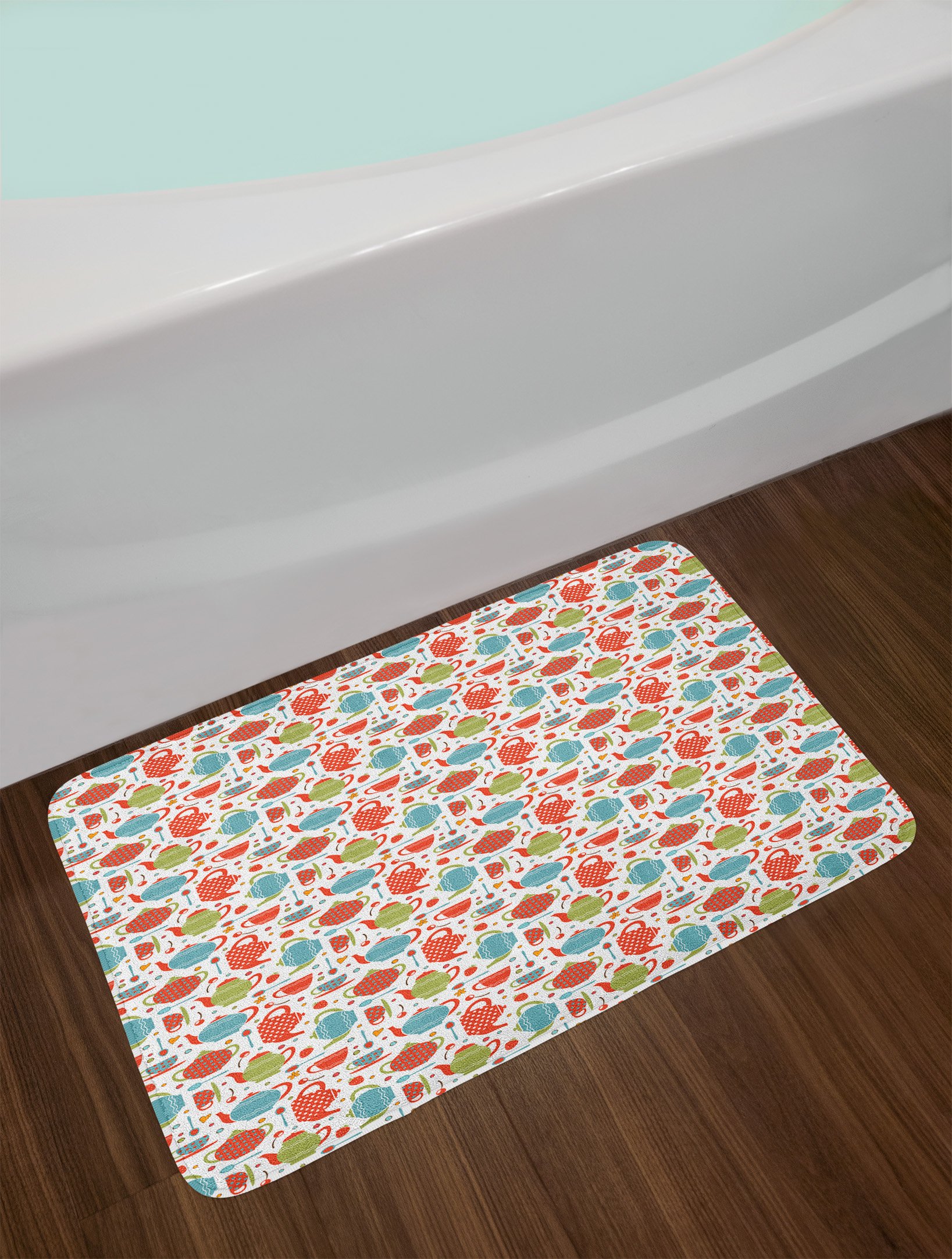 Ambesonne Tea Party Bath Mat - Colorful Tea Pot & Cup Design with Non-Slip Backing, Soft Plush Bathroom Rug 30