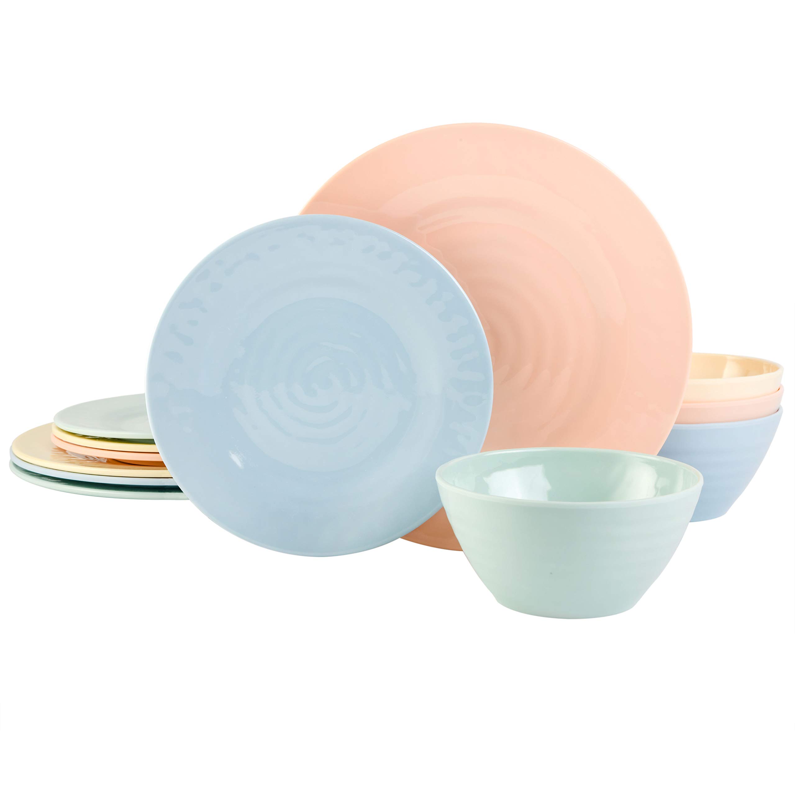 Gibson Home Brist Melamine Plastic Dinnerware Set for 4 - 12-Piece Pastel Dinner Plates, Bowls, Cups - Shatterproof & Lightweight for Outdoor Picnics, Camping, and Everyday Use