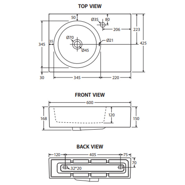 Fienza RB039L Reba Left Bowl Wall-Mounted Bathroom Sink with Single Tap Hole - Perfect for Modern Small Bathrooms & Powder Rooms