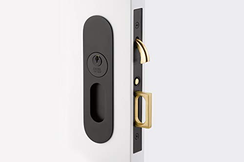Emtek Pocket Door Mortise Lock - Narrow Oval Keyed Function in Oil Rubbed Bronze Finish | Secure Sliding Door Hardware for Bedrooms, Bathrooms & Closets