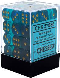 Chessex 36-Piece Teal with Gold Borealis 12mm Pipped D6 Dice Set - Perfect for Tabletop RPGs, Board Games, and Dungeons & Dragons Adventures