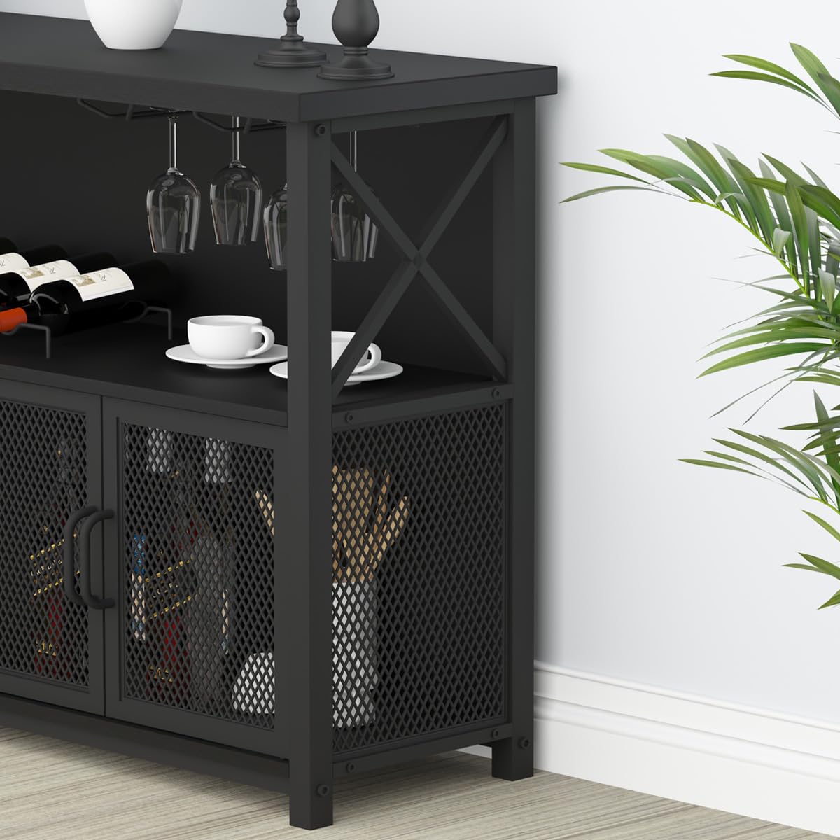 LVB Black Coffee Bar Cabinet - Modern Liquor Cabinet with Wine Rack Storage for Kitchen, Dining Room & Home Bar - Farmhouse Style Sideboard Buffet for Wine Glasses & Bottles Organization - Perfect for Entertaining Guests & Stylish Home Decor (47