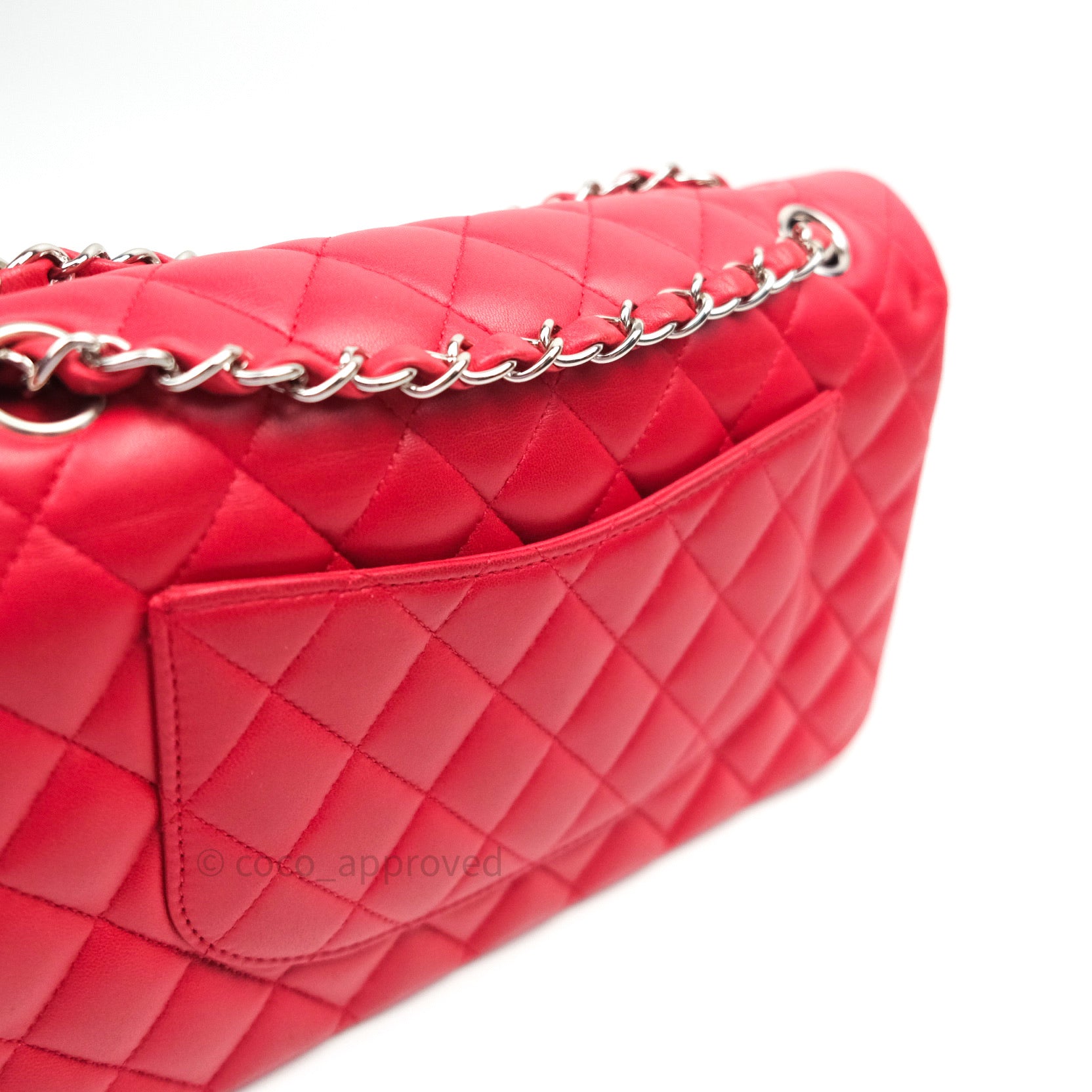 Chanel Classic Medium Double Flap Bag - Red Lambskin Leather with Silver Hardware | Luxury Handbag for Women, Perfect for Date Night & Special Occasions