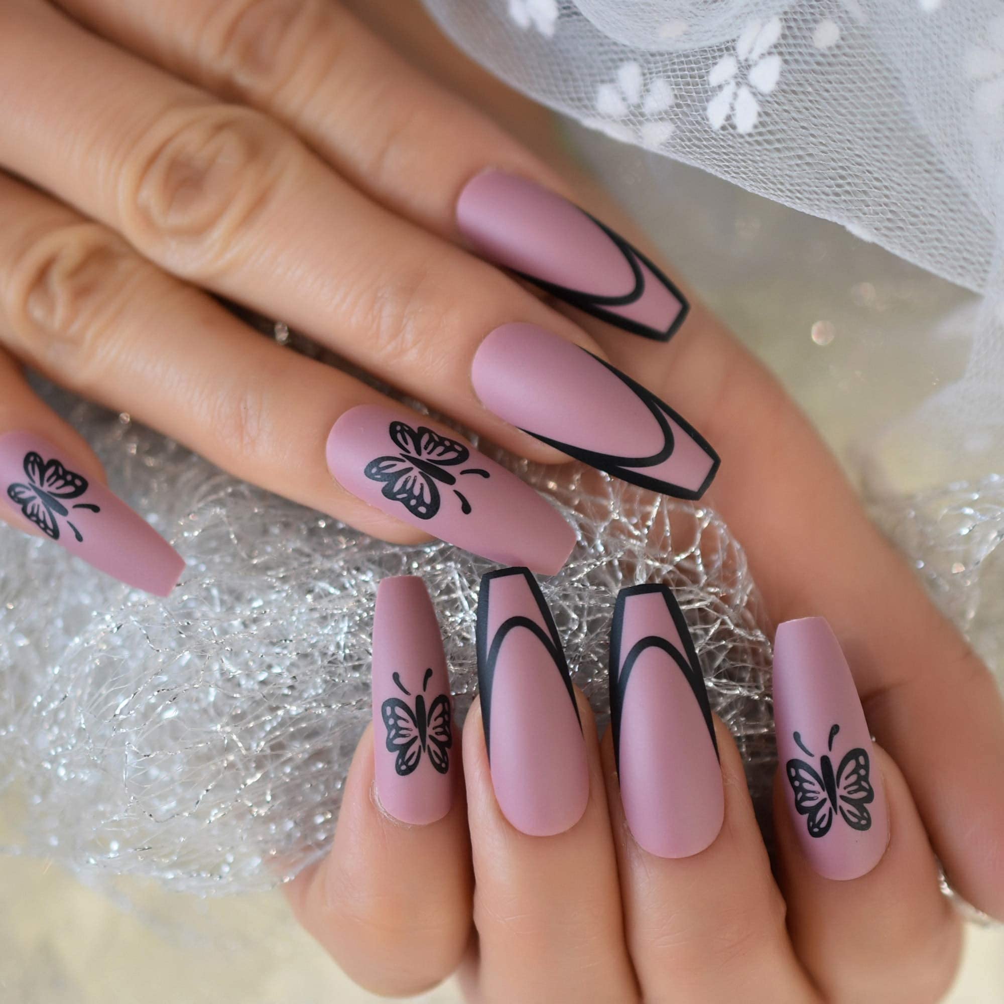 Matte Butterfly Press On Nails - Pink & Purple Coffin Fake Nails with Full Cover Tips for Salon & DIY Manicure | Perfect for Parties, Weddings & Special Occasions