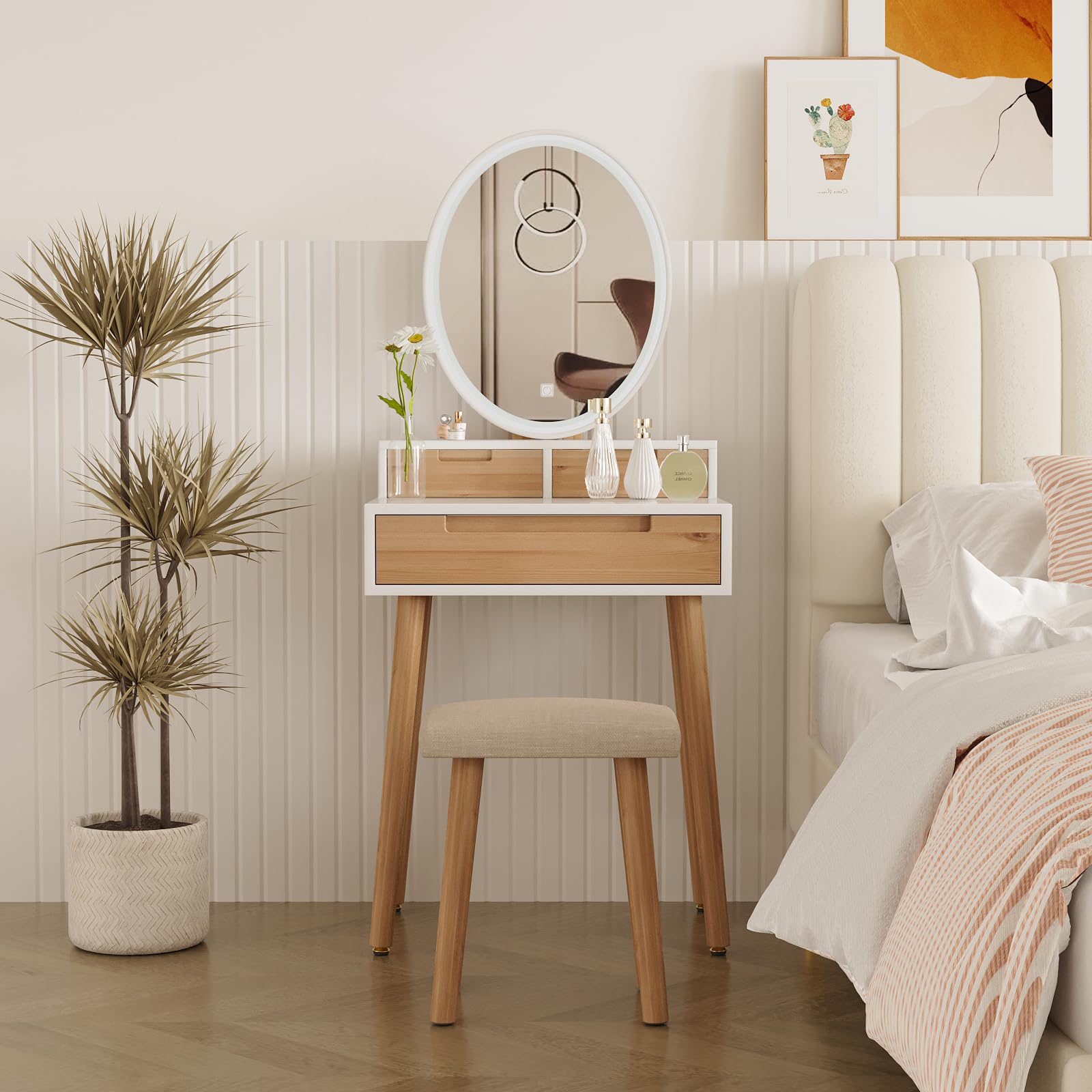 YOURLITE Small Makeup Vanity Desk with LED Lights - Adjustable Brightness Mirror, Compact Dressing Table with Drawers & Storage Shelves for Small Spaces - Perfect for Bedroom, Apartment & Dorm Room Beauty Setup