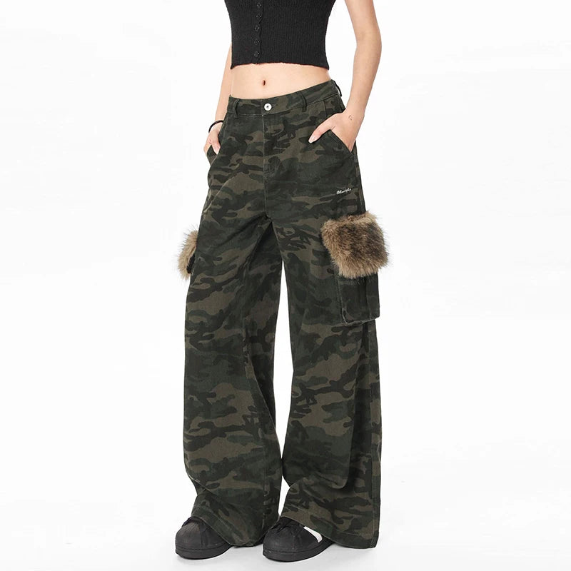 Men's Cargo Pants - American High Street Style Fur Design Loose Straight Wide Leg Pants with Multiple Pockets | Casual Streetwear for Outdoor, Travel & Everyday Wear (Style 9W1957)