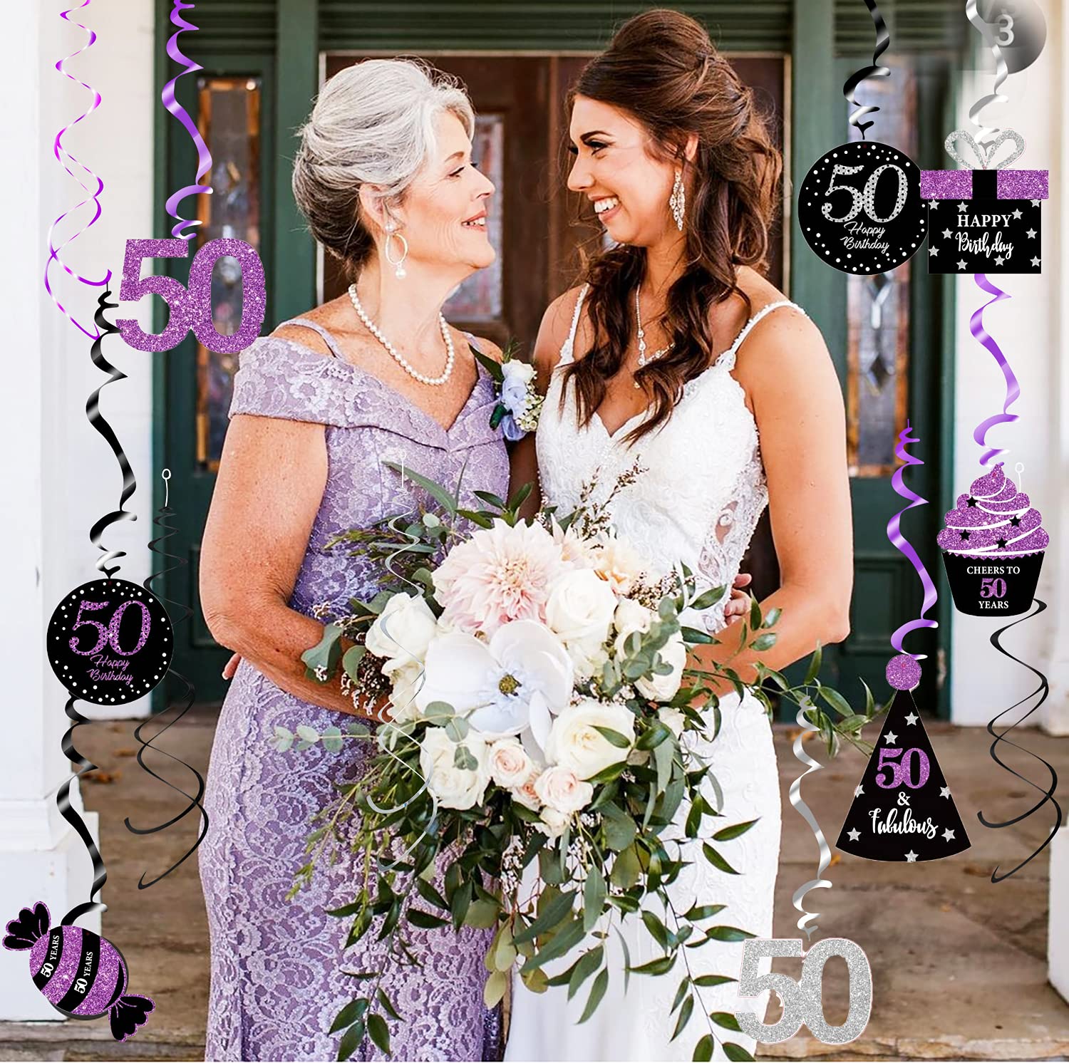 50th Birthday Party Decorations for Women - Purple, Silver & Black Foil Hanging Swirls | Elegant Women's 50th Birthday Party Supplies | Perfect for Milestone Celebrations, Photo Backdrops & Venue Decorations