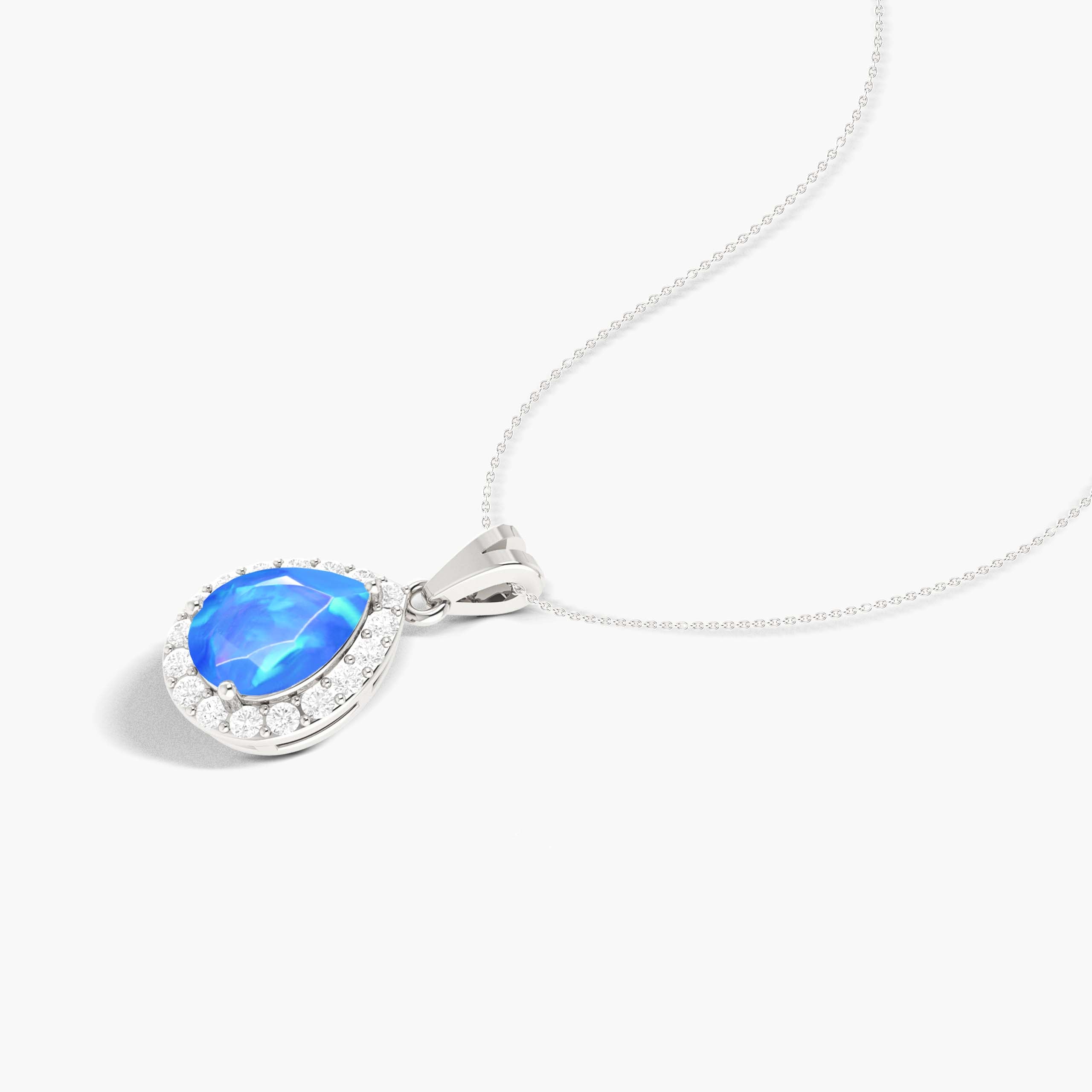 Natural Blue Opal & White Zircon Halo Pendant Necklace - Elegant Sterling Silver Chain Jewelry for Women, Perfect for Weddings, Parties & Everyday Wear
