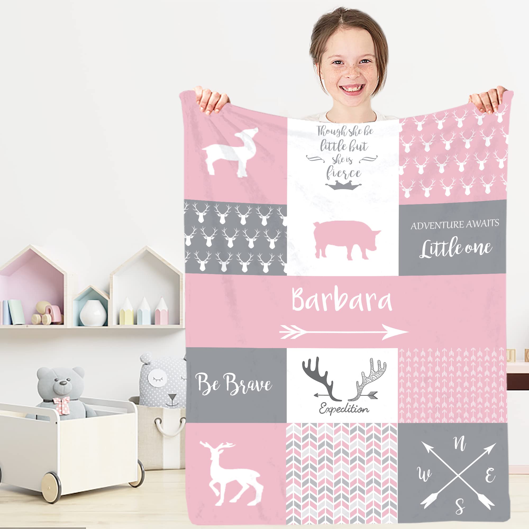 Personalized Pink Woodland Baby Blanket with Antler Arrow Design - Custom Name Baby Swaddling Blanket for Girls - Elk & Deer Nursery Decor - Perfect Baby Shower Gift for Newborns, Birthdays & Special Occasions - Soft & Cozy for Cuddling, Photo Props & Nursery Decorations
