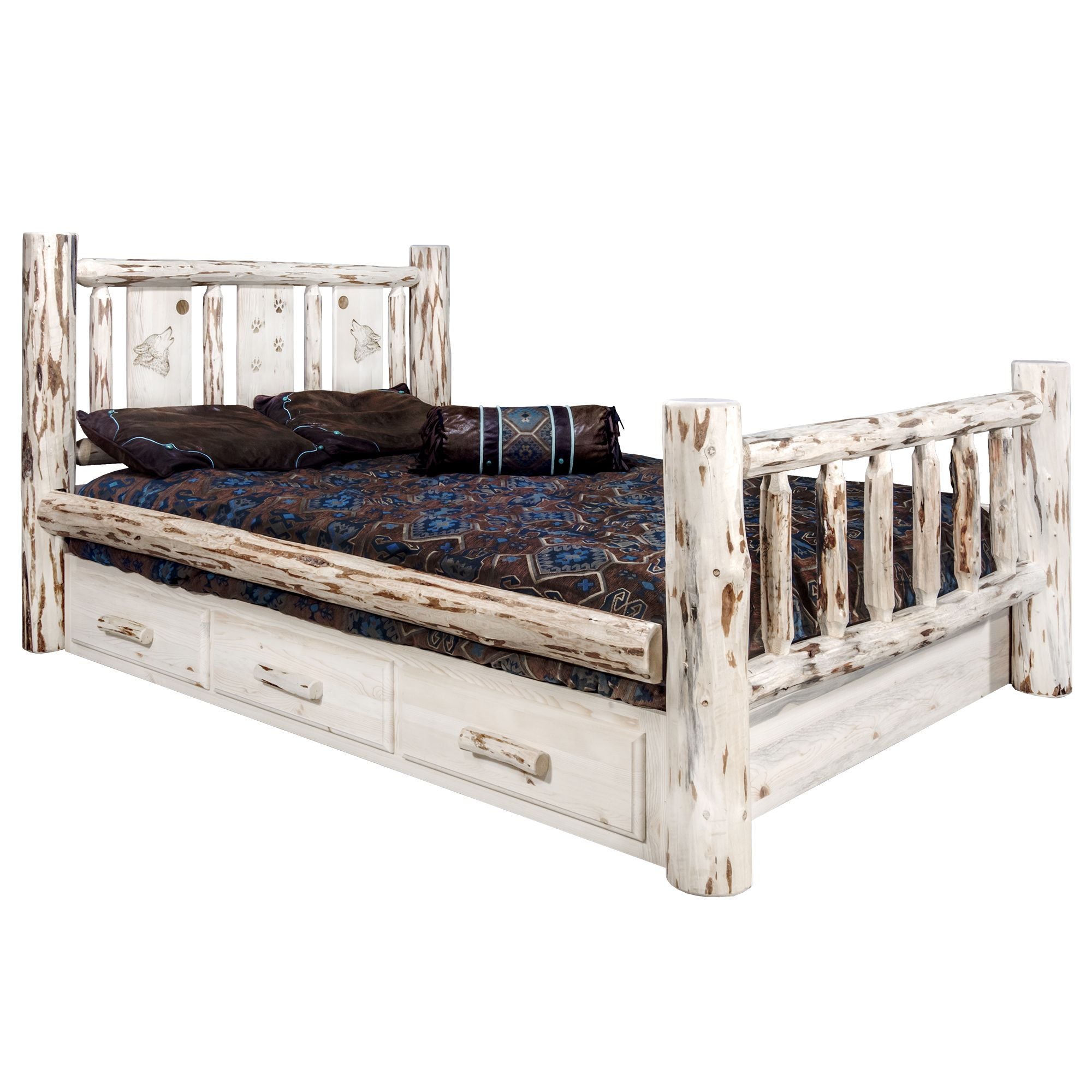 Montana Storage Bed with Laser Engraved Design - Unfinished Solid Wood Platform Bed with Underbed Storage - Perfect for Bedroom, Guest Room, or Small Space Organization