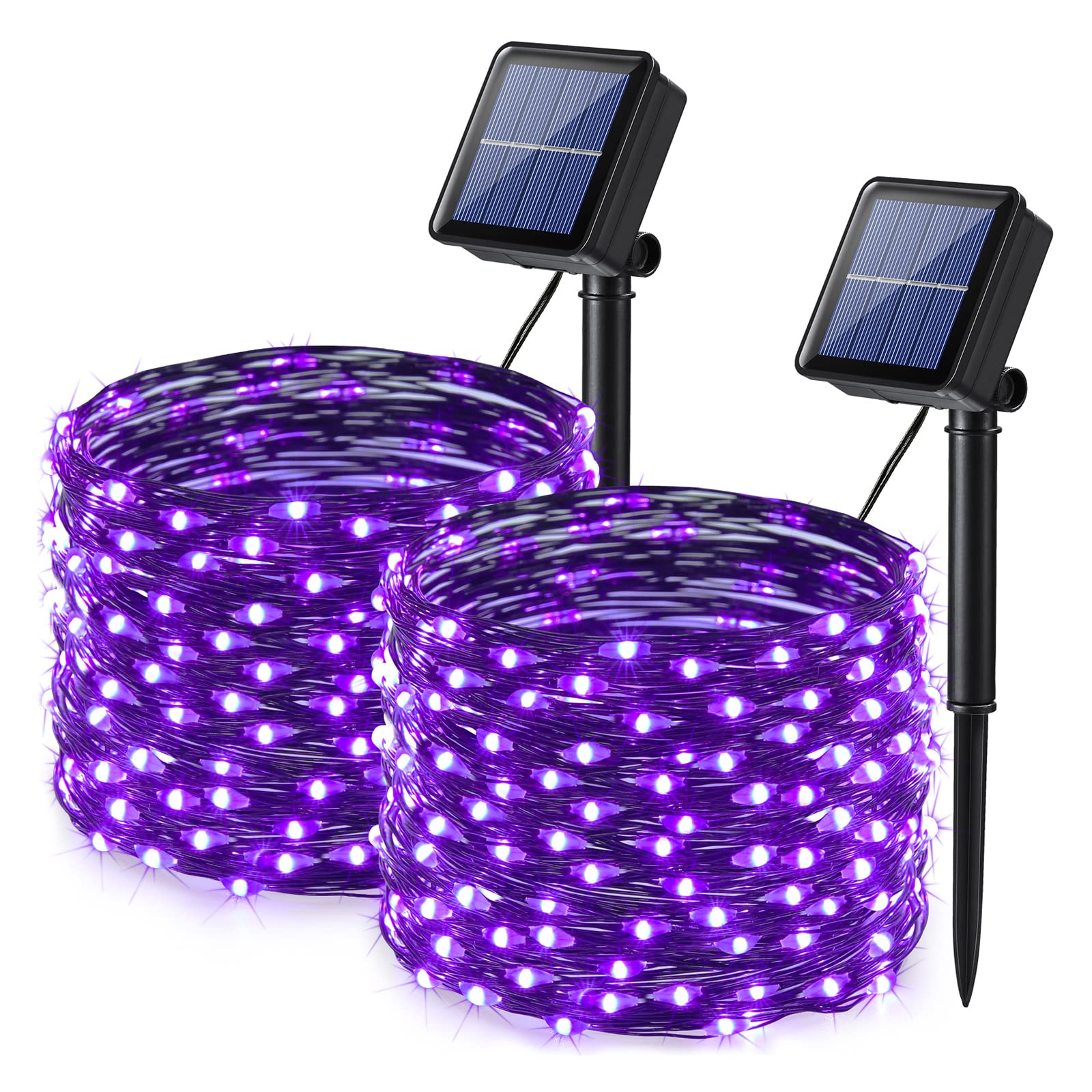 Lomotech 2 Pack Solar Halloween Lights - 66ft 200LED Purple Waterproof Fairy String Lights with 8 Modes for Outdoor Halloween Party, Garden, Yard, and DIY Decoration - Black Wire - Perfect for Halloween Decor, Patio Lighting, and Spooky Atmosphere