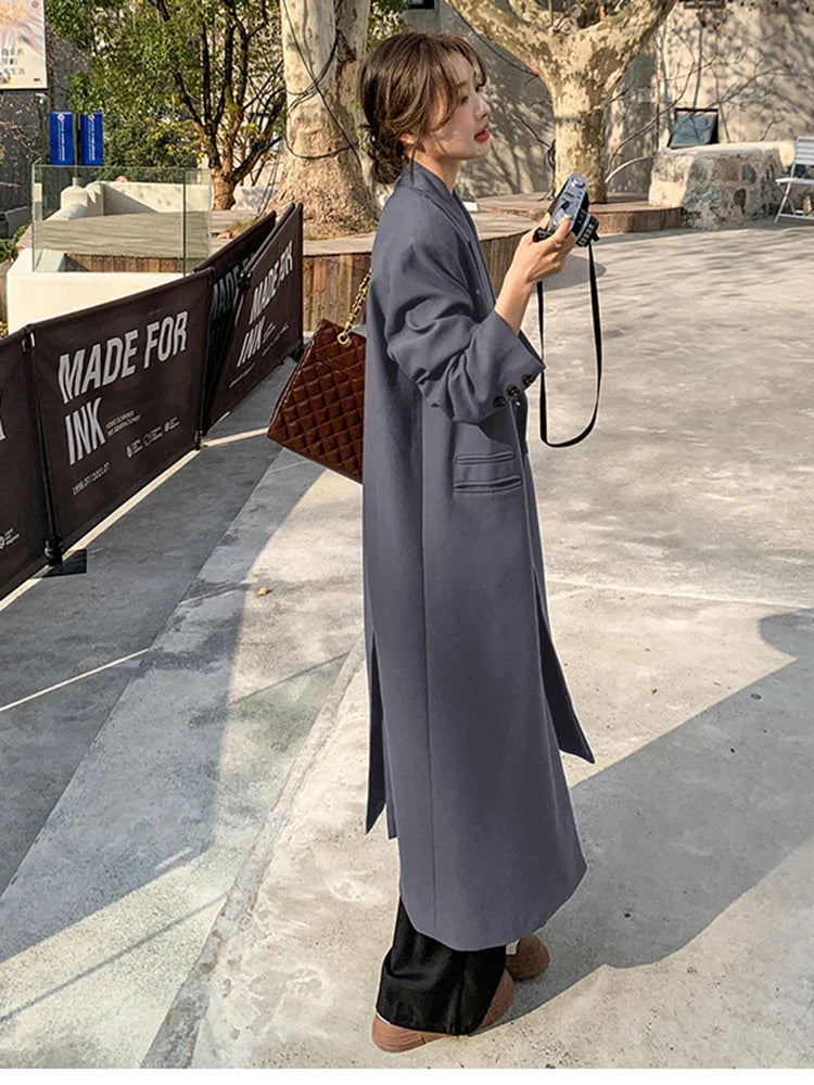 Women's Autumn Long Coffee Flowy Blazer Coat - Double Breasted Loose Casual Korean Fashion Overcoat with High Back Slit | Perfect for Office Wear, Date Nights & Fall Layering 2024