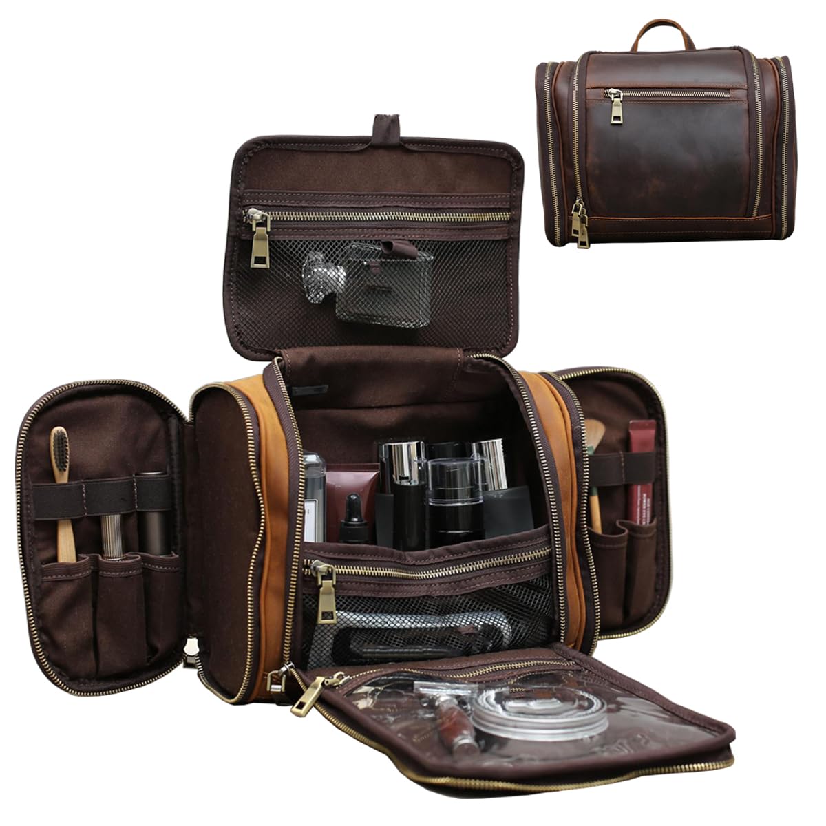 Premium Genuine Leather Hanging Toiletry Bag for Men & Women - Personalized Travel Shaving & Dopp Kit Organizer - Best Man Gift & Wedding Present (Coffee Brown) - Ideal for Business Trips, Camping & Vacation Essentials