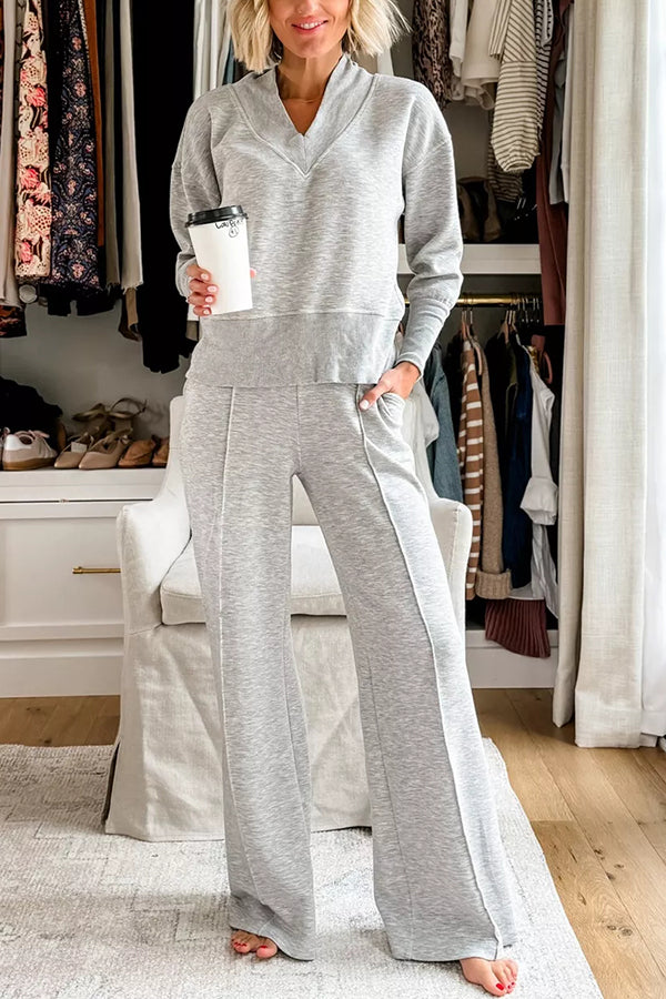 Women's Solid Color V-Neck Top & Elastic Waist Lounge Pants Set with Pockets - Cozy Winter Loungewear for Home, Yoga, and Relaxation