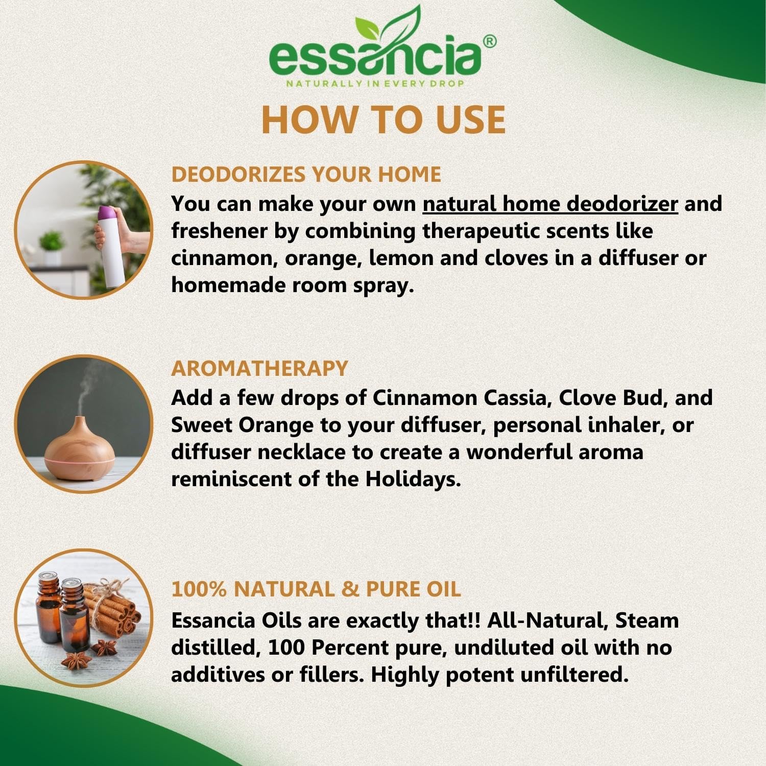 Essencia 100% Pure Cinnamon Essential Oil - 15ml Undiluted Therapeutic Grade for Hair Growth, Skin Care, Massage, Aromatherapy Diffuser | Natural Remedy for Relaxation & Wellness