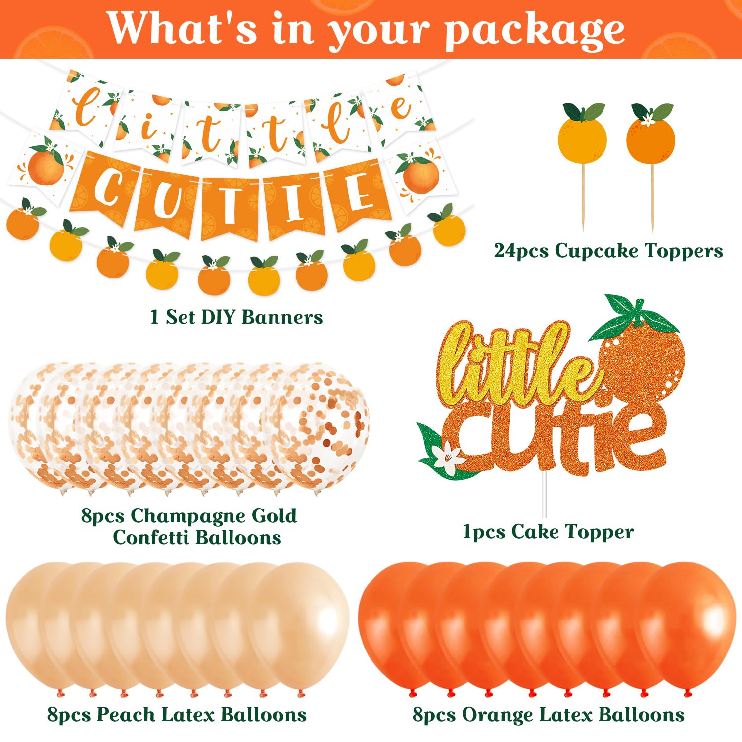 Little Cutie Baby Shower & Birthday Party Decorations Kit - Orange Citrus Theme Banner, Cake Topper, Cupcake Toppers, Confetti & Balloons for Tangerine Baby Showers or Clementine Birthday Parties - Perfect for Gender Reveals, 1st Birthdays & Nursery Decor