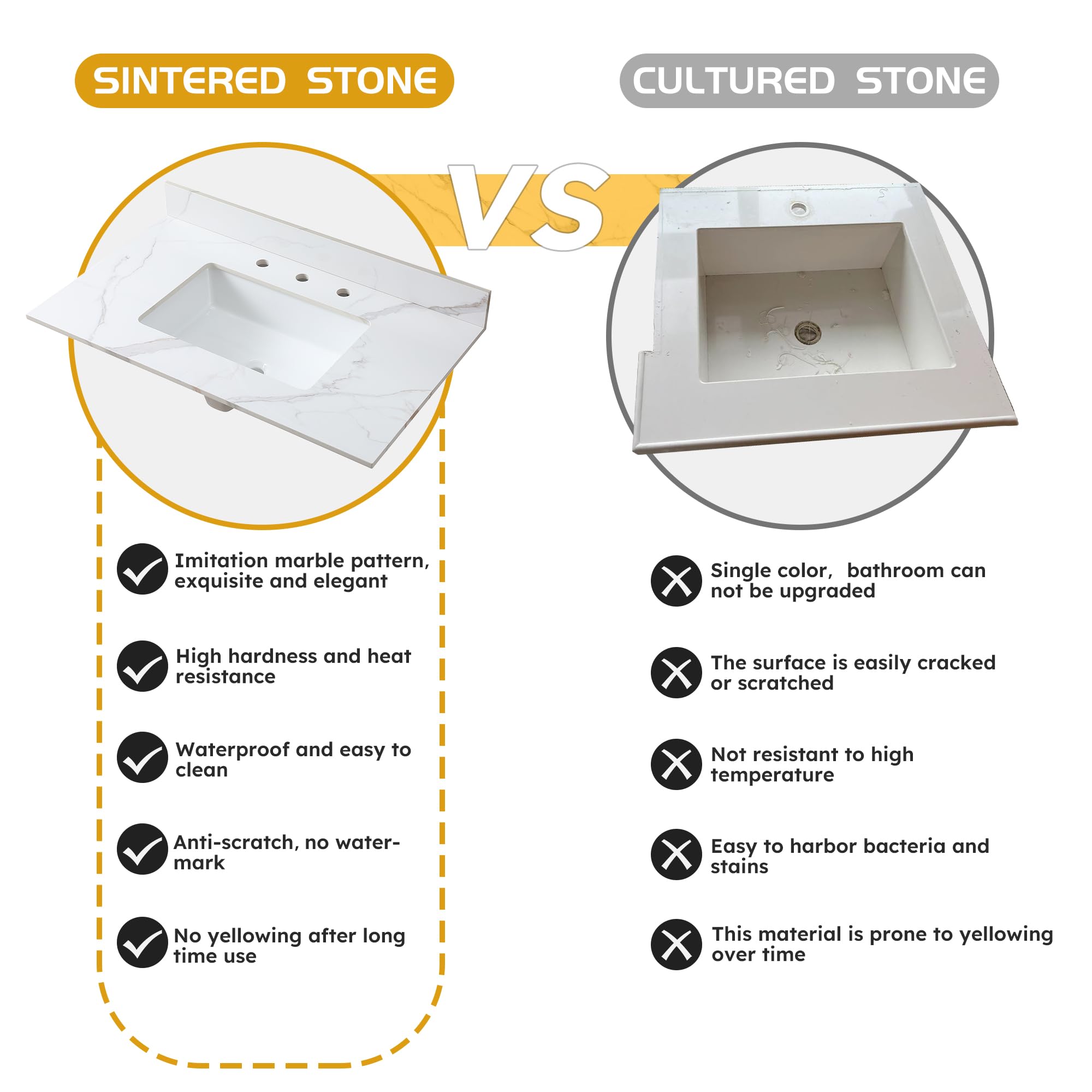 43 Inch Bathroom Vanity Top with Undermount Ceramic Sink & Backsplash - Sintered Stone Artificial Marble Countertop with 1 Faucet Hole in Carrara Gold | Perfect for Modern Bathroom Renovation & Master Suite Upgrade