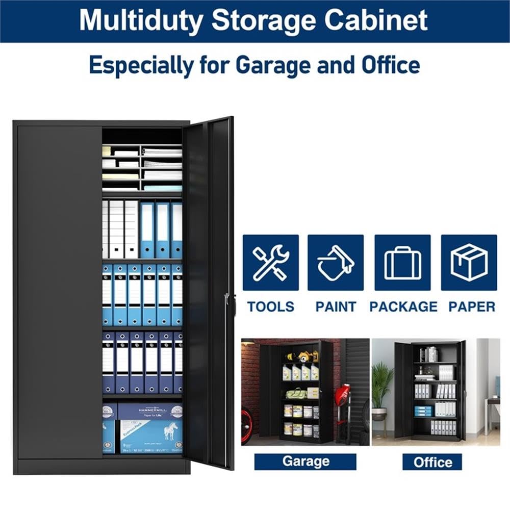Heavy Duty Steel Locking Storage Cabinet with 4 Adjustable Shelves - Black Metal Security Cabinet for Garage, Warehouse & Office Organization
