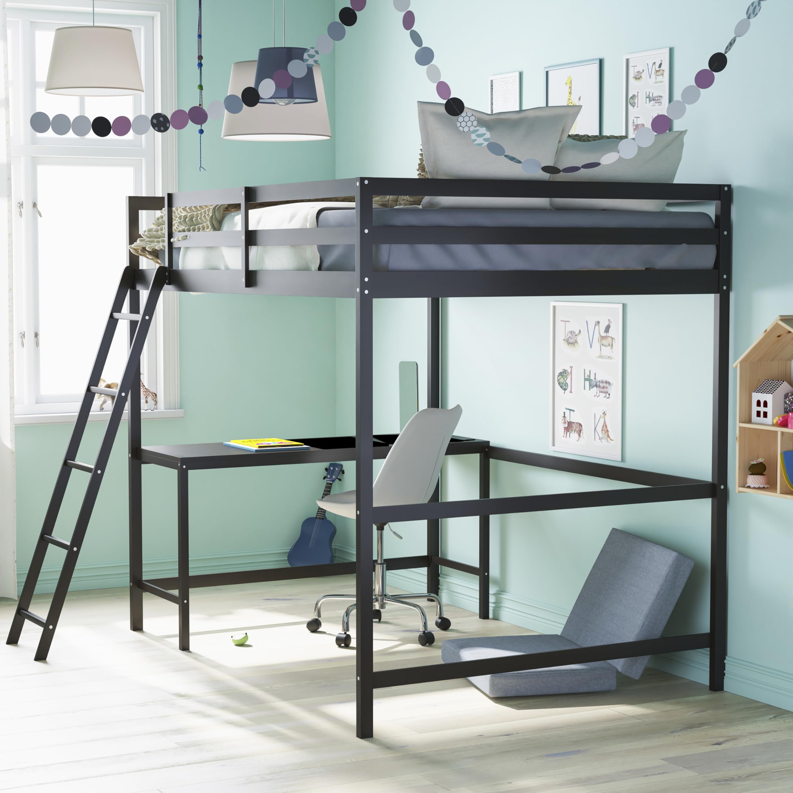 Full Size Loft Bed Frame with Built-in Desk & Ladder - Espresso Wood Slats with Protective Guard Rails - Space Saving Kids & Teens Bed - Perfect for Small Bedrooms, Dorms, and Studio Apartments