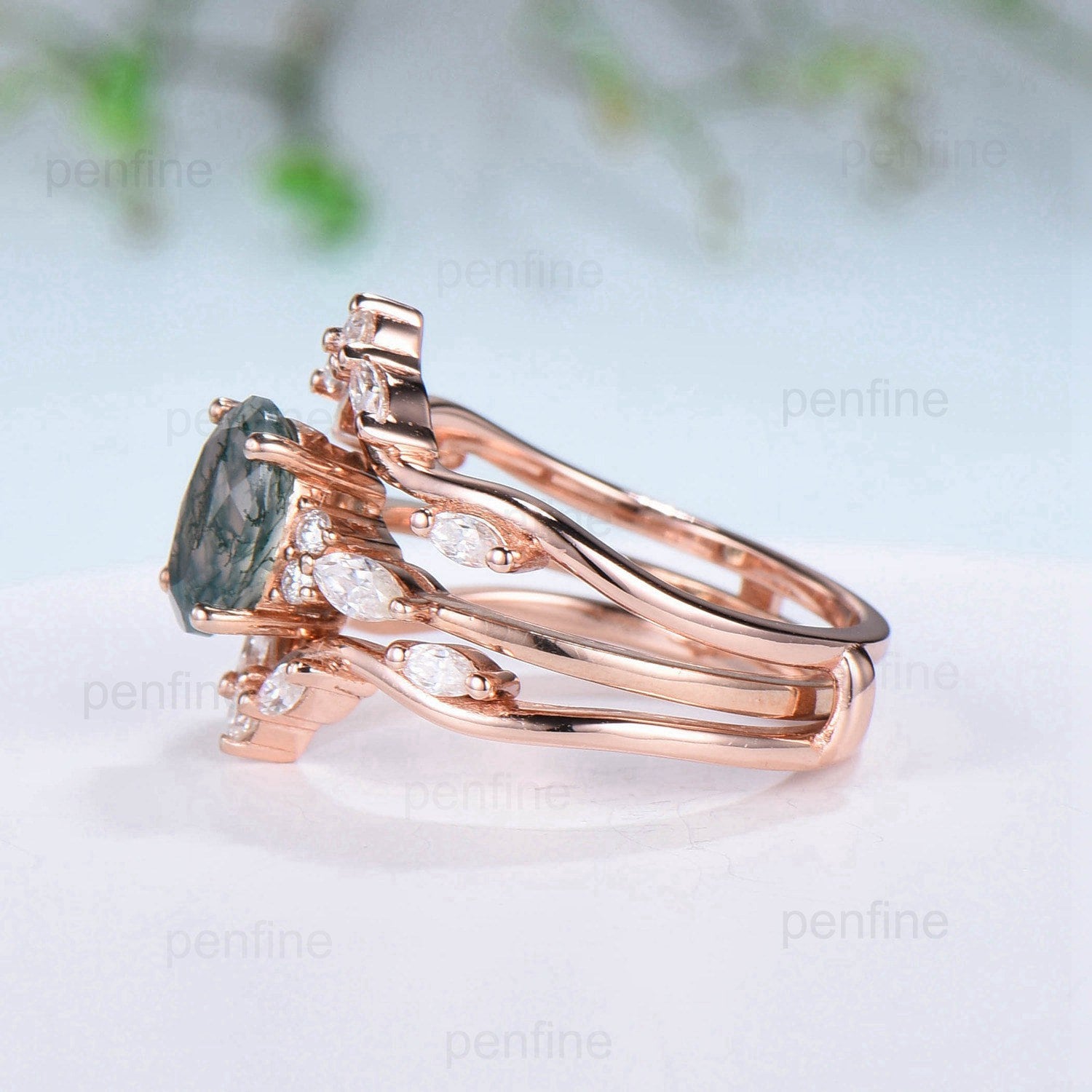 1.5Ct Natural Oval Moss Agate Engagement Ring Set - Vintage Marquise Agate Wedding Ring with Double Curved Moissanite Stacking Bridal Set for Women - Perfect for Proposals, Anniversaries & Special Occasions